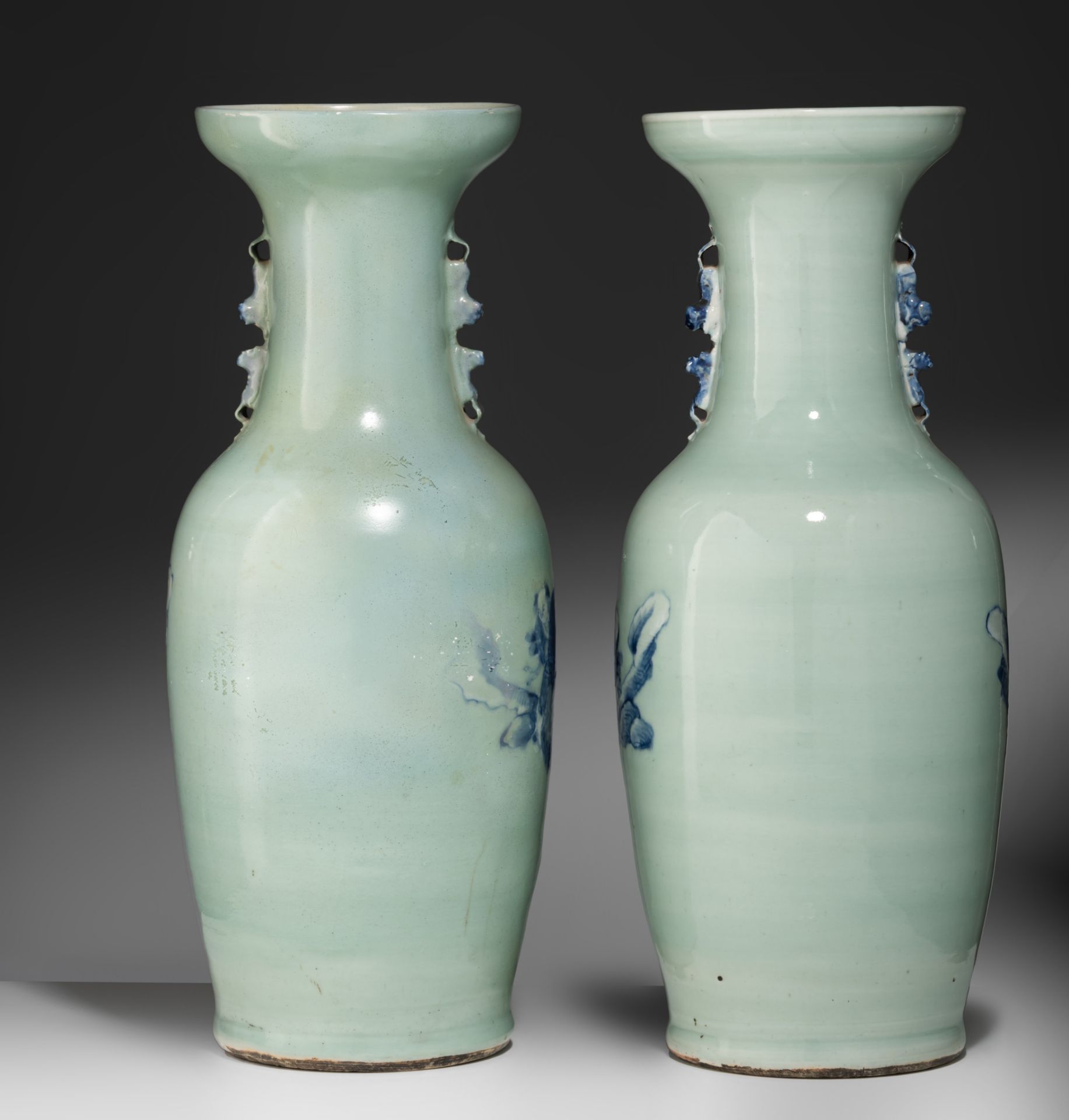 A pair of Chinese blue and white on celadon ground 'Immortals' vases, 19thC, H 58 cm - Bild 4 aus 7