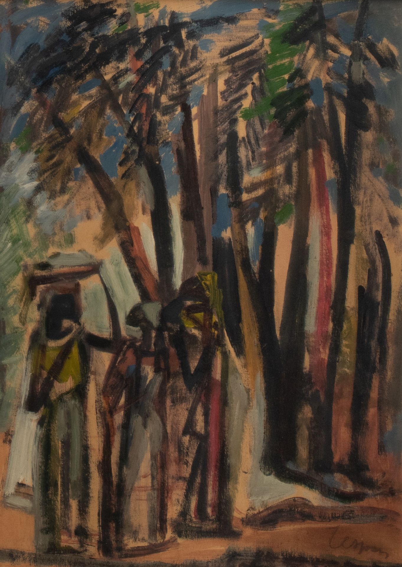 Floris Jespers (1889-1965), an African marketplace, oil on paper, 48 x 66 cm