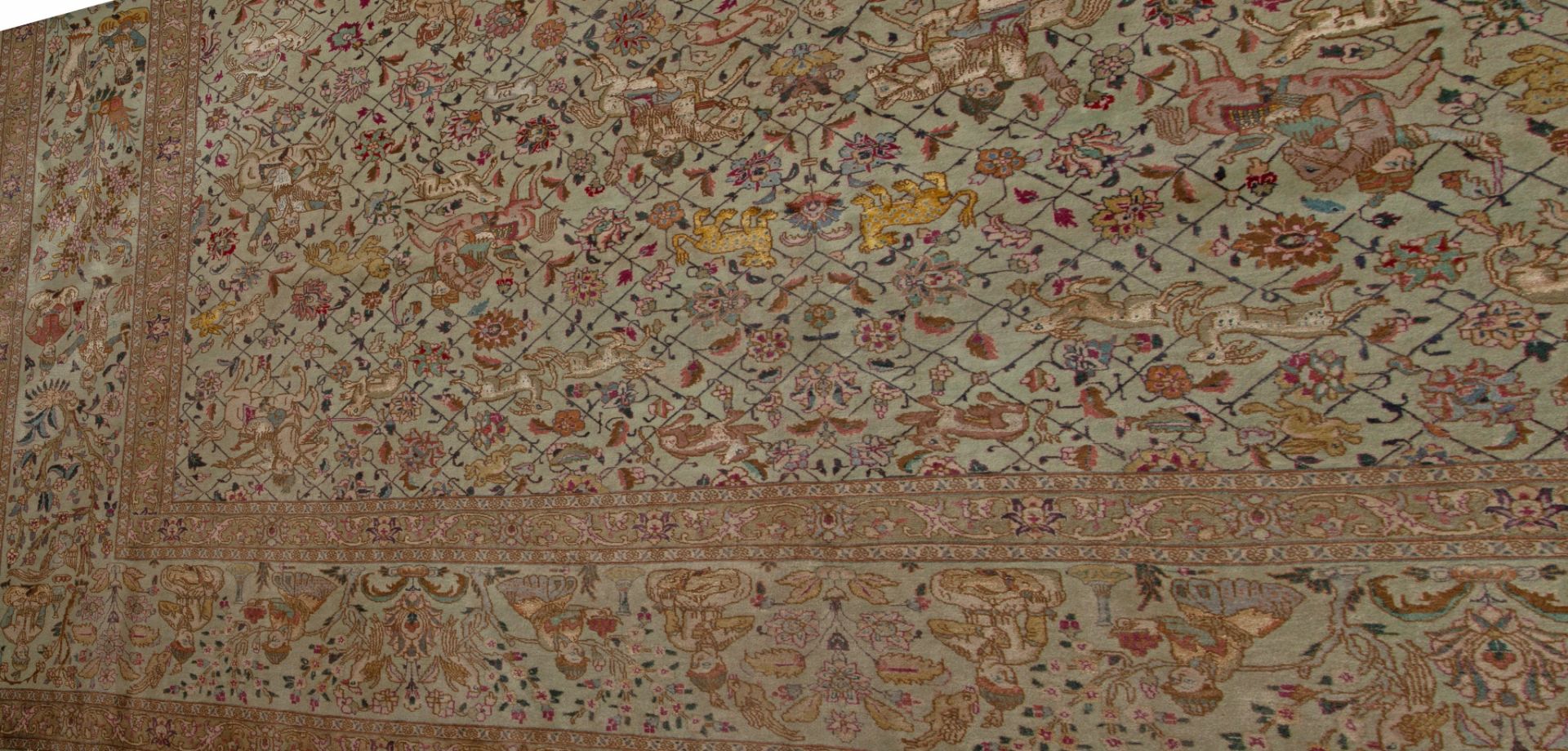 A large Oriental carpet decorated with hunting scenes to the field, 303 x 385 cm - Bild 4 aus 8