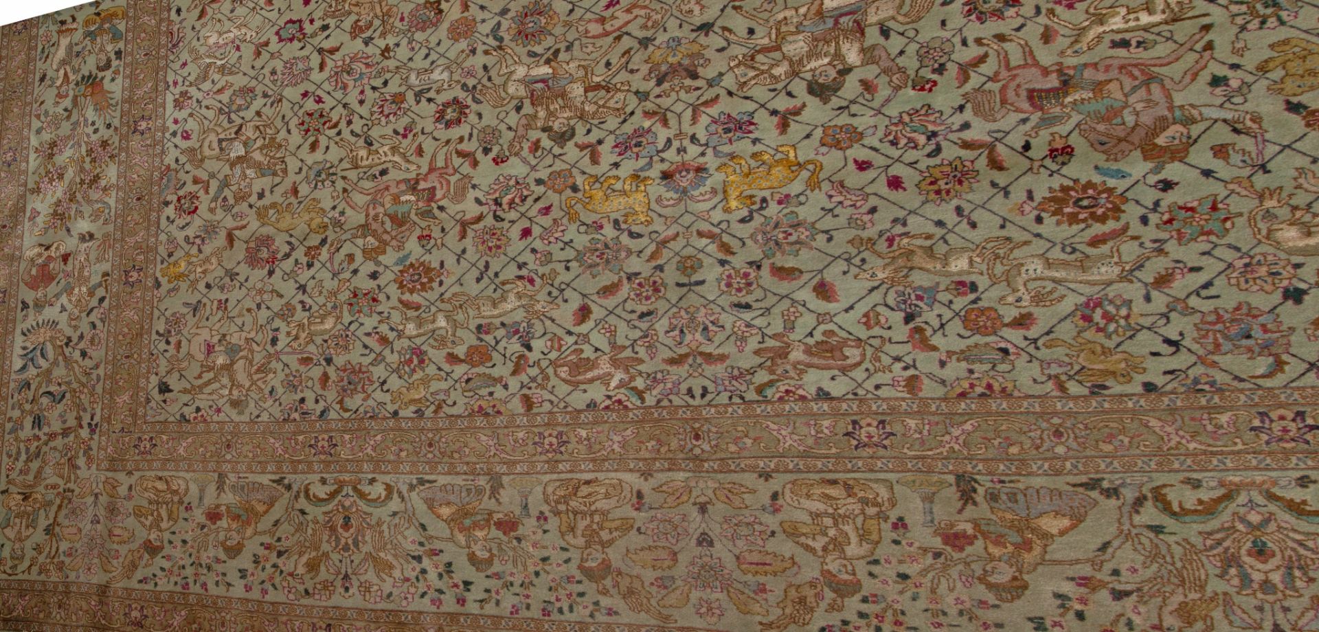 A large Oriental carpet decorated with hunting scenes to the field, 303 x 385 cm - Image 4 of 8