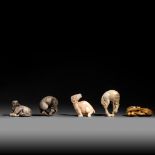 Five netsuke, ivory and walrus ivory, 19thC, 16g - 19g - 26g - 25g - 22g (+)