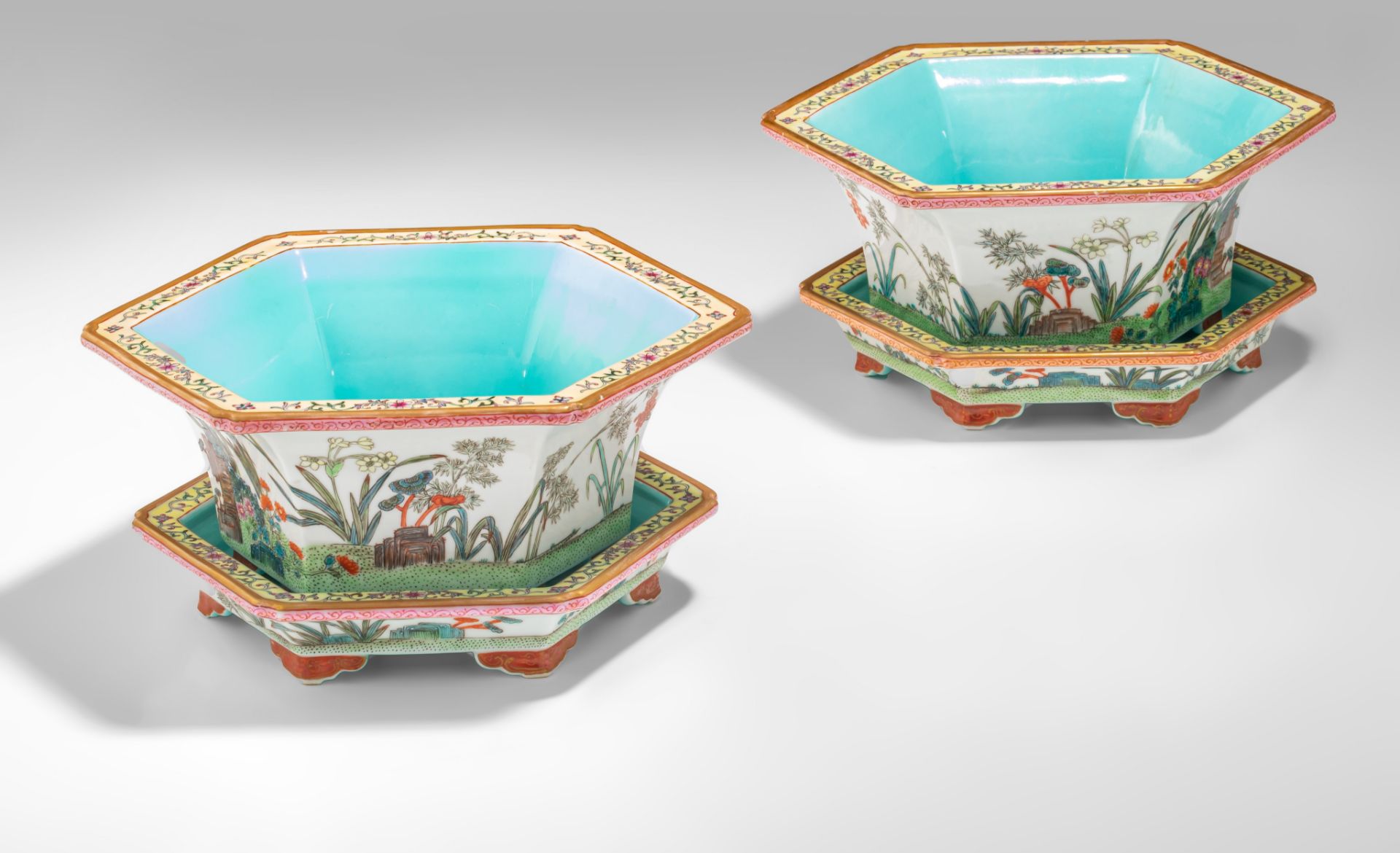 A pair of Chinese famille rose and turquoise enamelled hexagonal jardinières and stands, marked Shen - Image 2 of 12