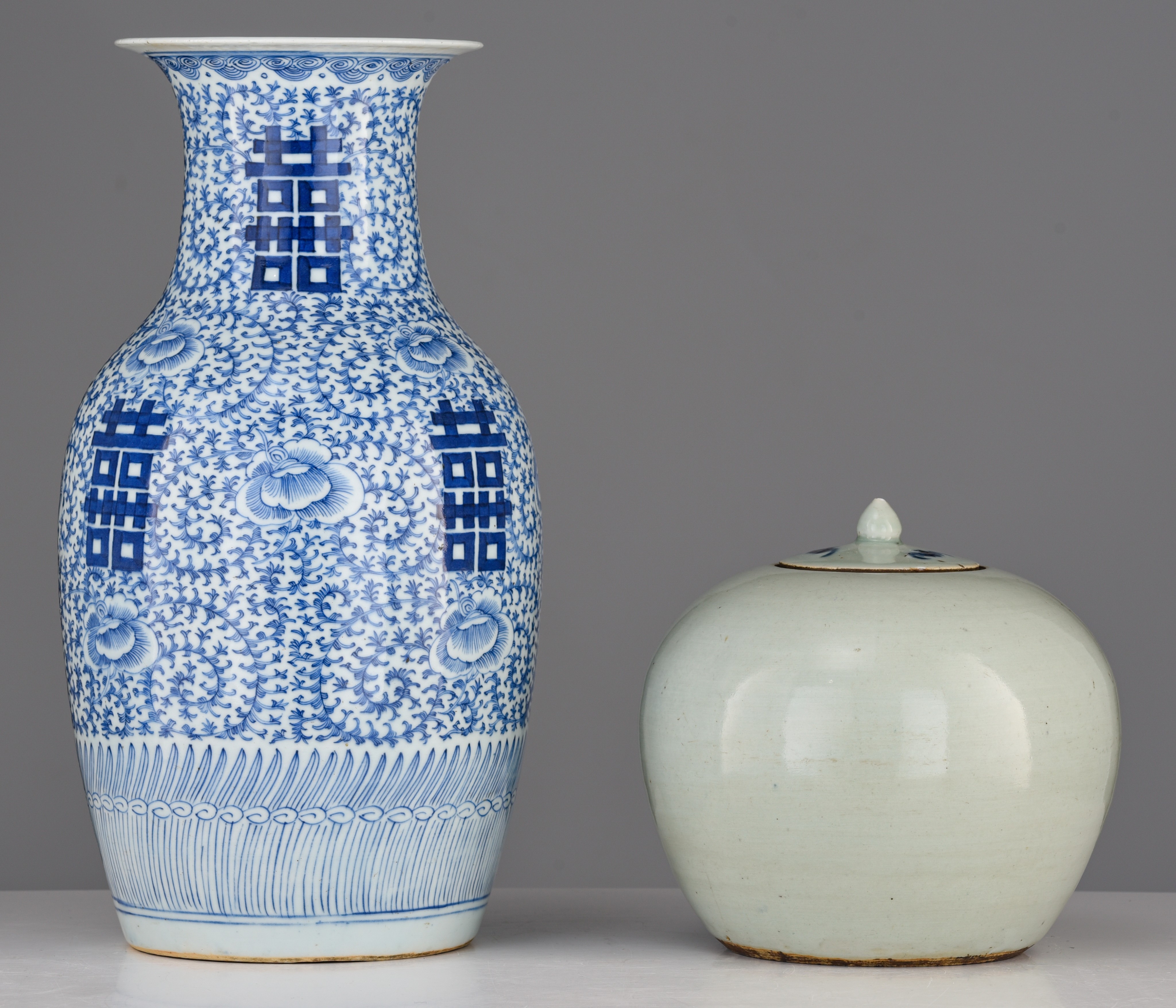 A Chinese blue and white 'Double-Xi' vase, 19thC, H 42,5 cm - added a blue and white on celadon grou - Image 4 of 7