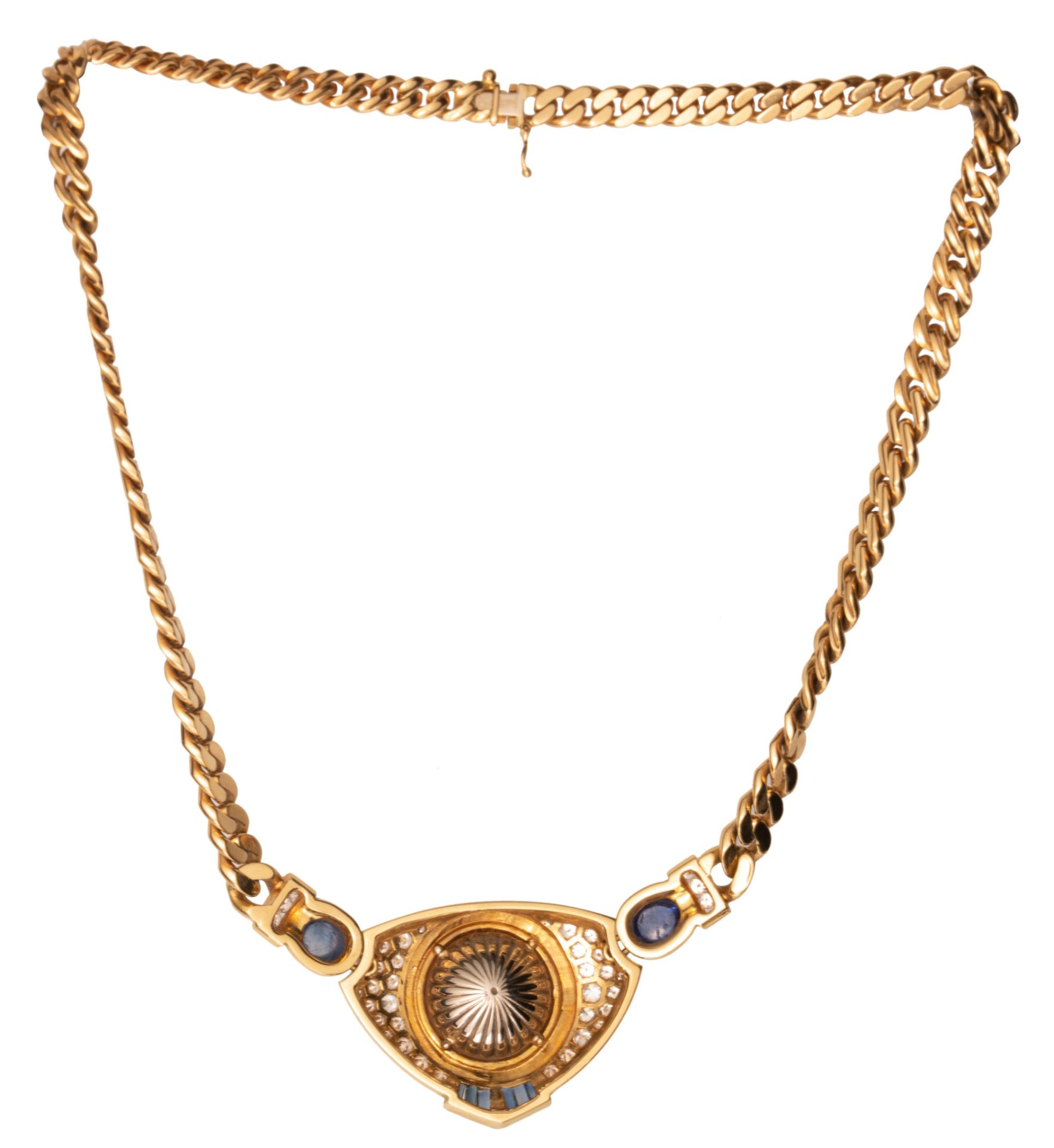An 18ct yellow gold necklace, set with a mabe pearl, diamonds and blue sapphires, 65 g - Image 2 of 4