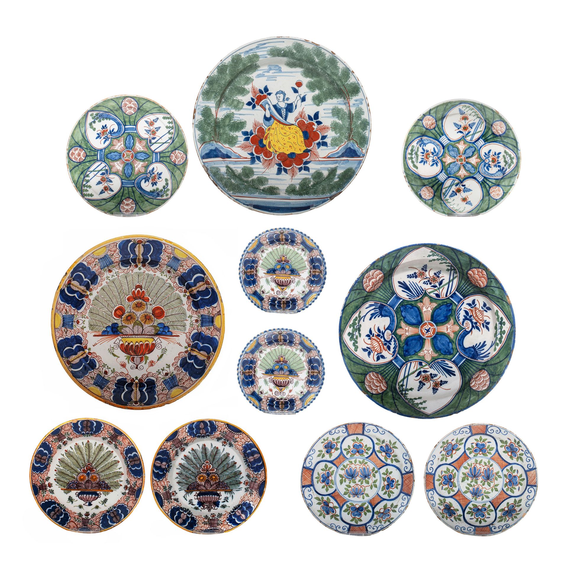 A various collection of eleven 18thC polychrome Dutch Delft dishes, ø 16,5 - 34,5 cm