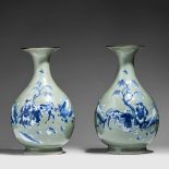 A fine pair of Chinese blue and white on celadon ground pear-shaped bottle vases, Daoguang period, H