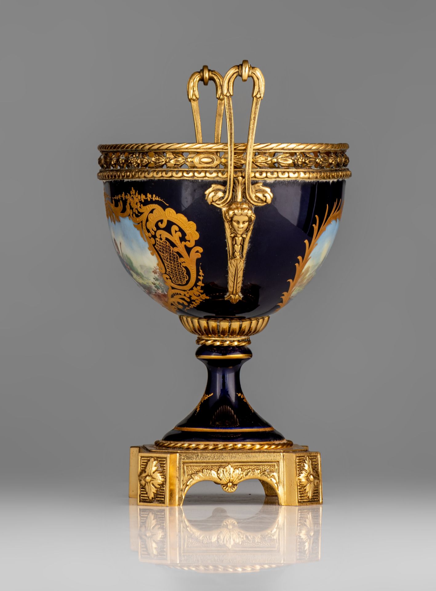 A three-piece Sèvres garniture set, decorated with gallant scenes, signed 'J. Césana', H 28,5 - 42,5 - Image 3 of 15