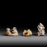 Three ivory netsuke, H 4,5 - 3,5 - 4,9 cm / 22g - 11g - 16g (+)