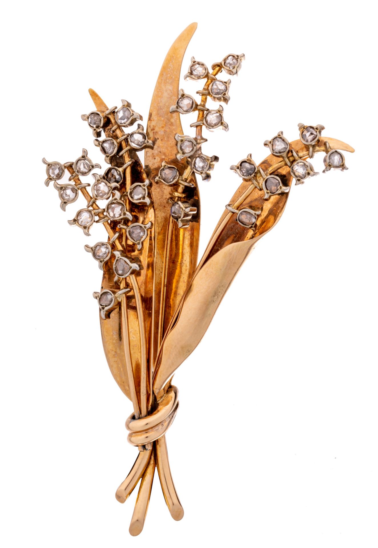 A floral-shaped 18ct yellow gold brooch, set with diamonds, H 8,7 cm - 28 g