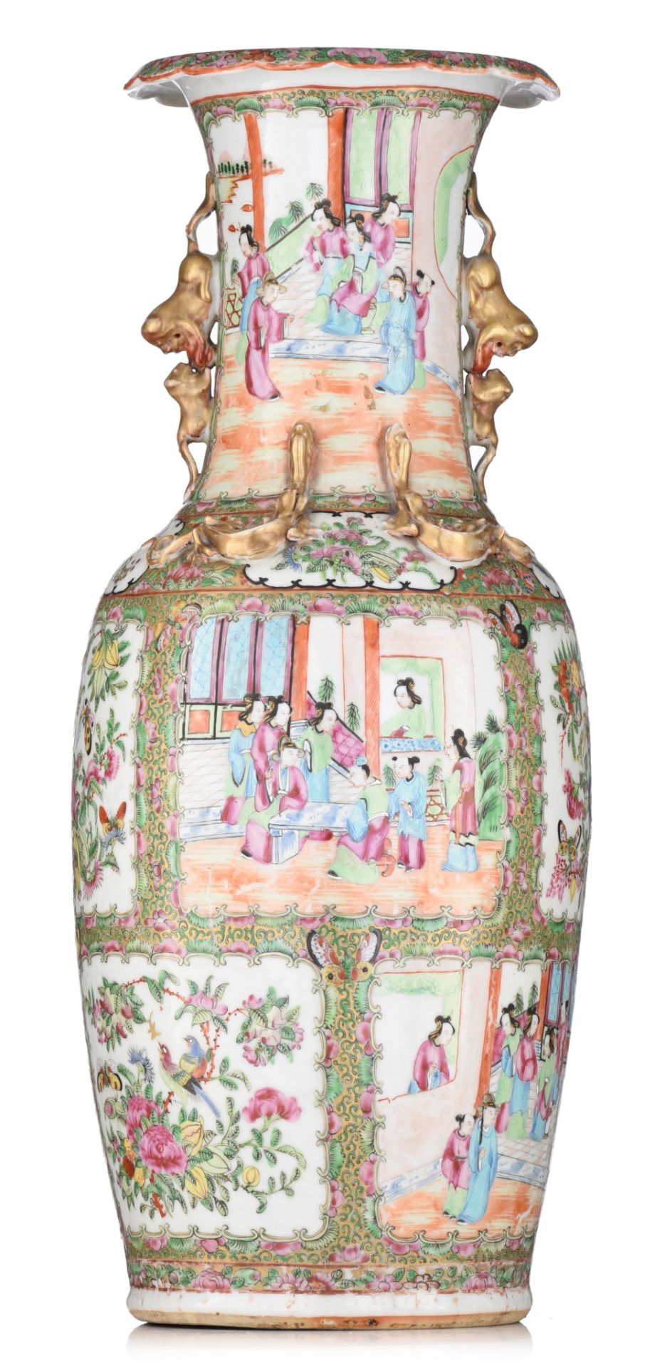 A Chinese Canton famille rose vase, paired with Fu-lion handles, 19thC, H 61,5 cm - Bild 3 aus 6