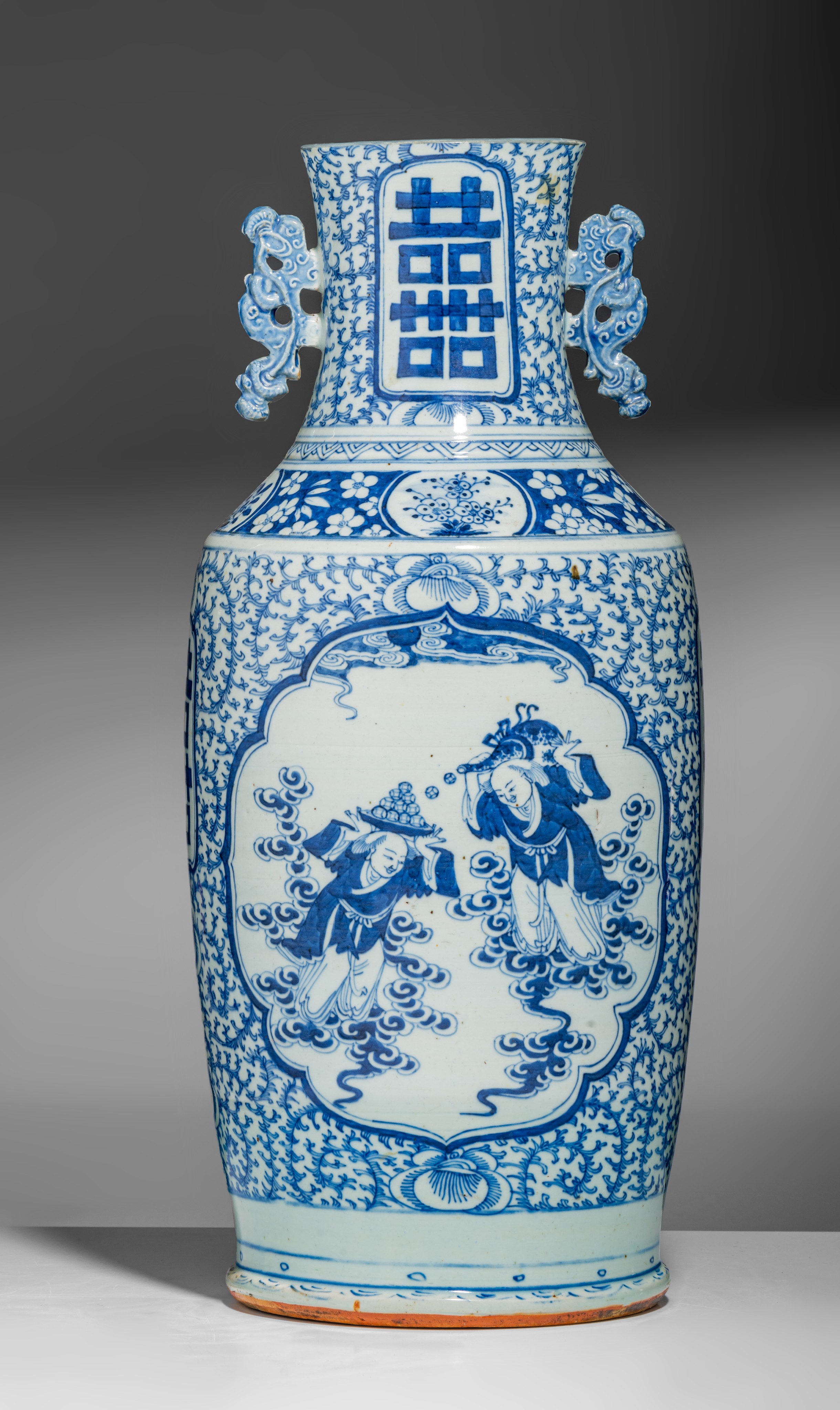 A Chinese gilt on blue ground bottle vase with mounts, 19thC, H 43 cm - and a blue and white 'Double - Image 2 of 12