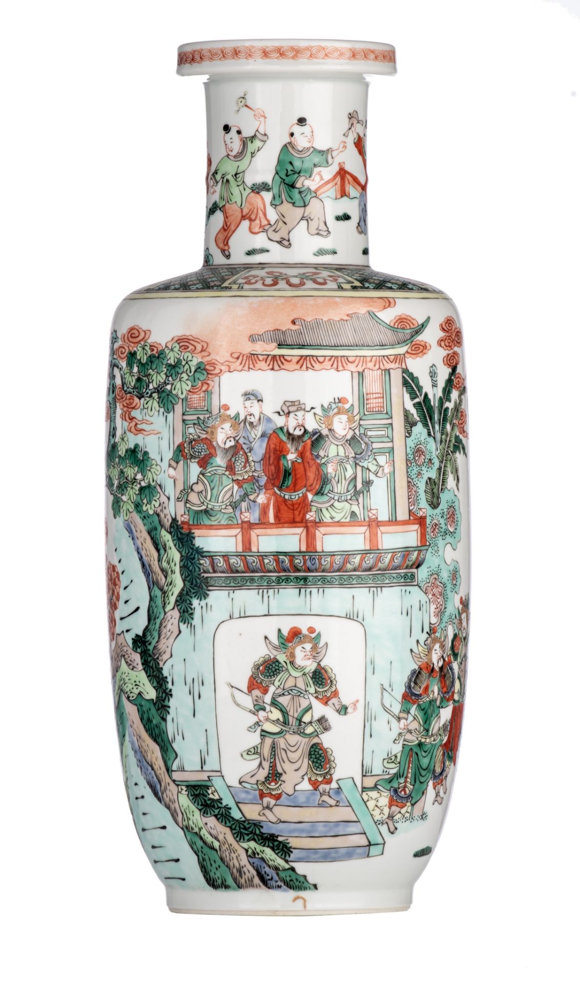 A Chinese famille verte 'Romance of the Three Kingdoms' rouleau vase, late Qing/20thC, H 45,5 cm