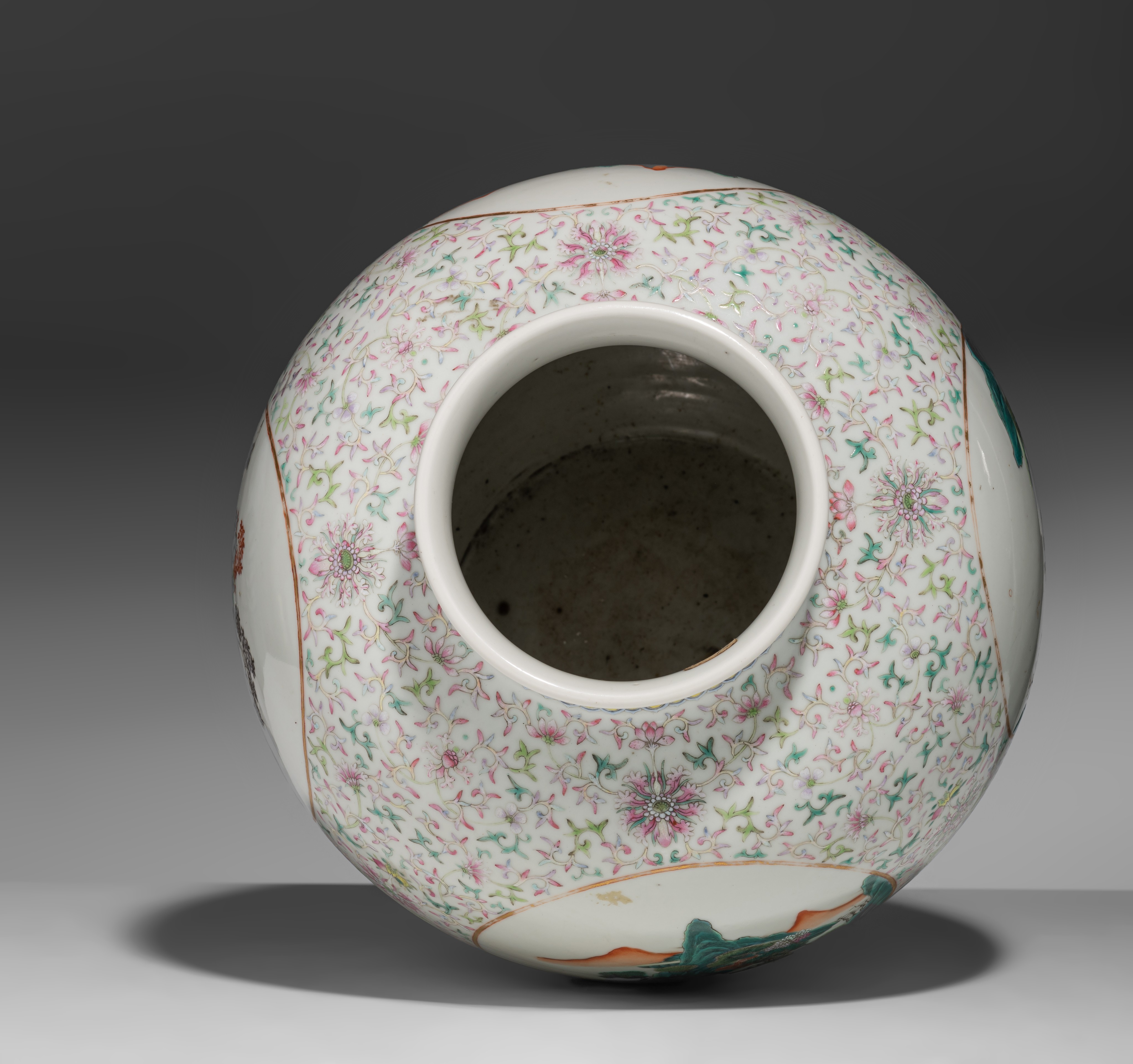 A Chinese famille rose 'Lotus scroll' zun vase, with a Qianlong mark, 19thC, H 25 - ø 23 cm - Image 6 of 8
