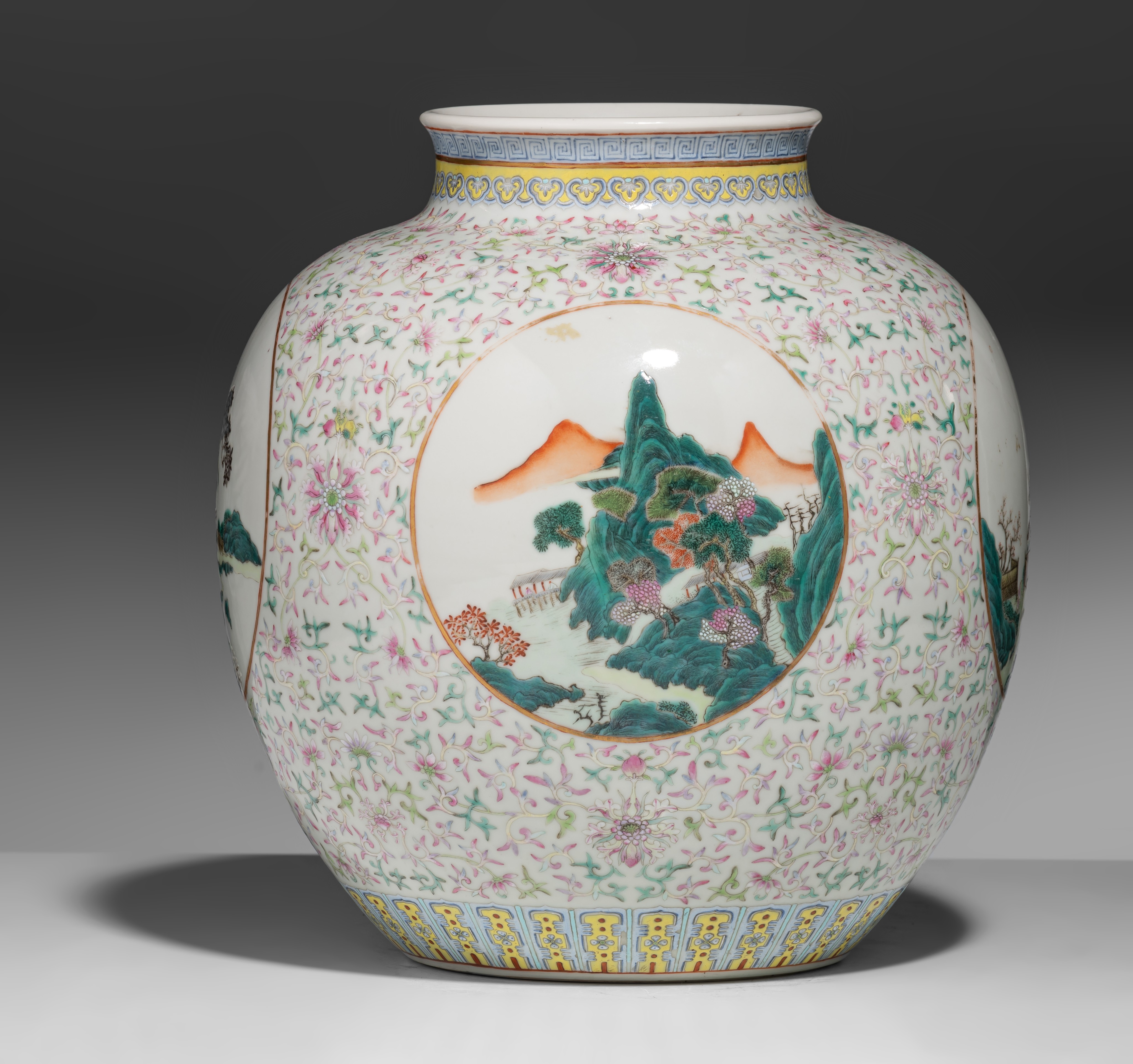 A Chinese famille rose 'Lotus scroll' zun vase, with a Qianlong mark, 19thC, H 25 - ø 23 cm - Image 2 of 8