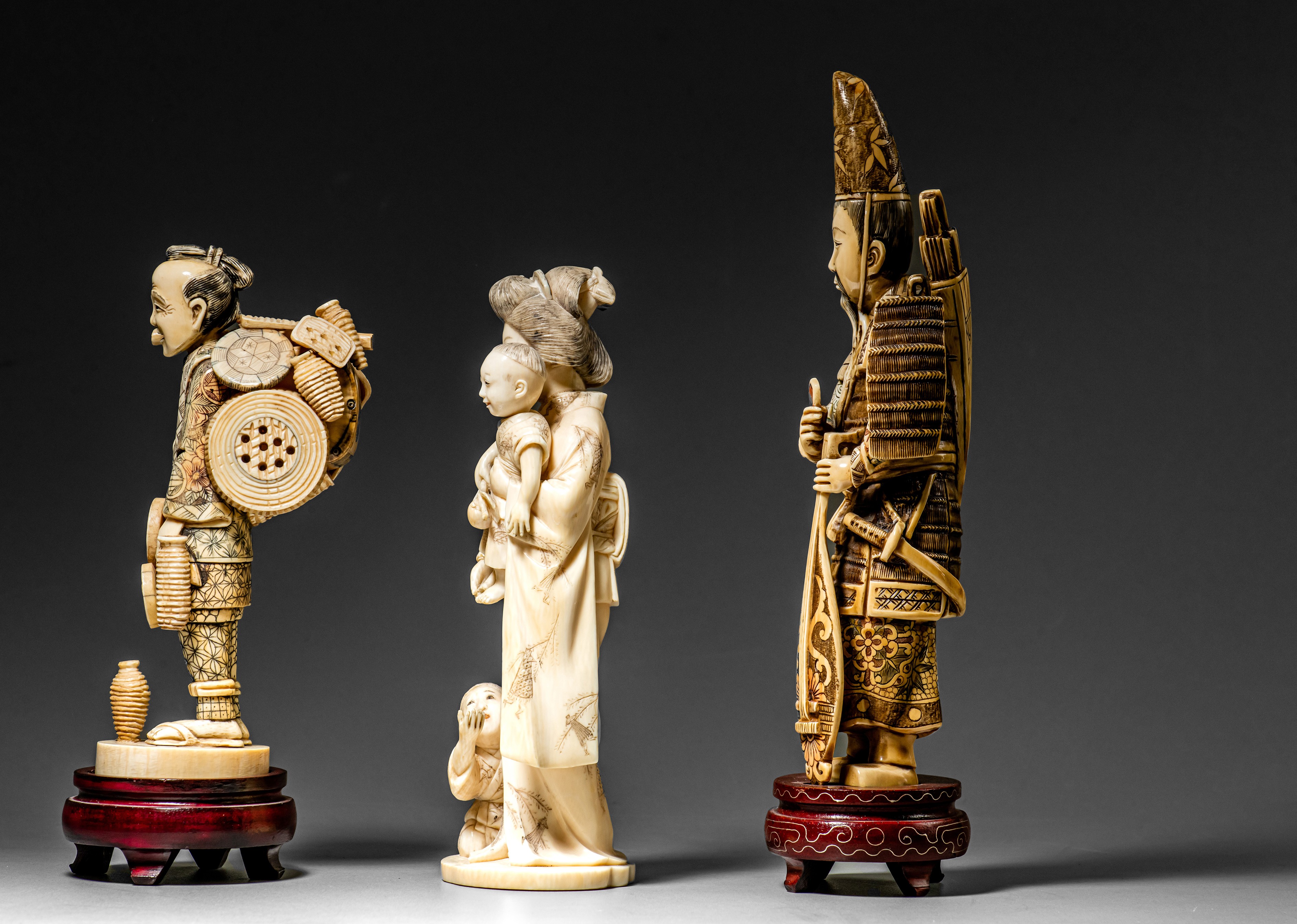 Three various Japanese carved ivory okimono (+) - Image 16 of 23