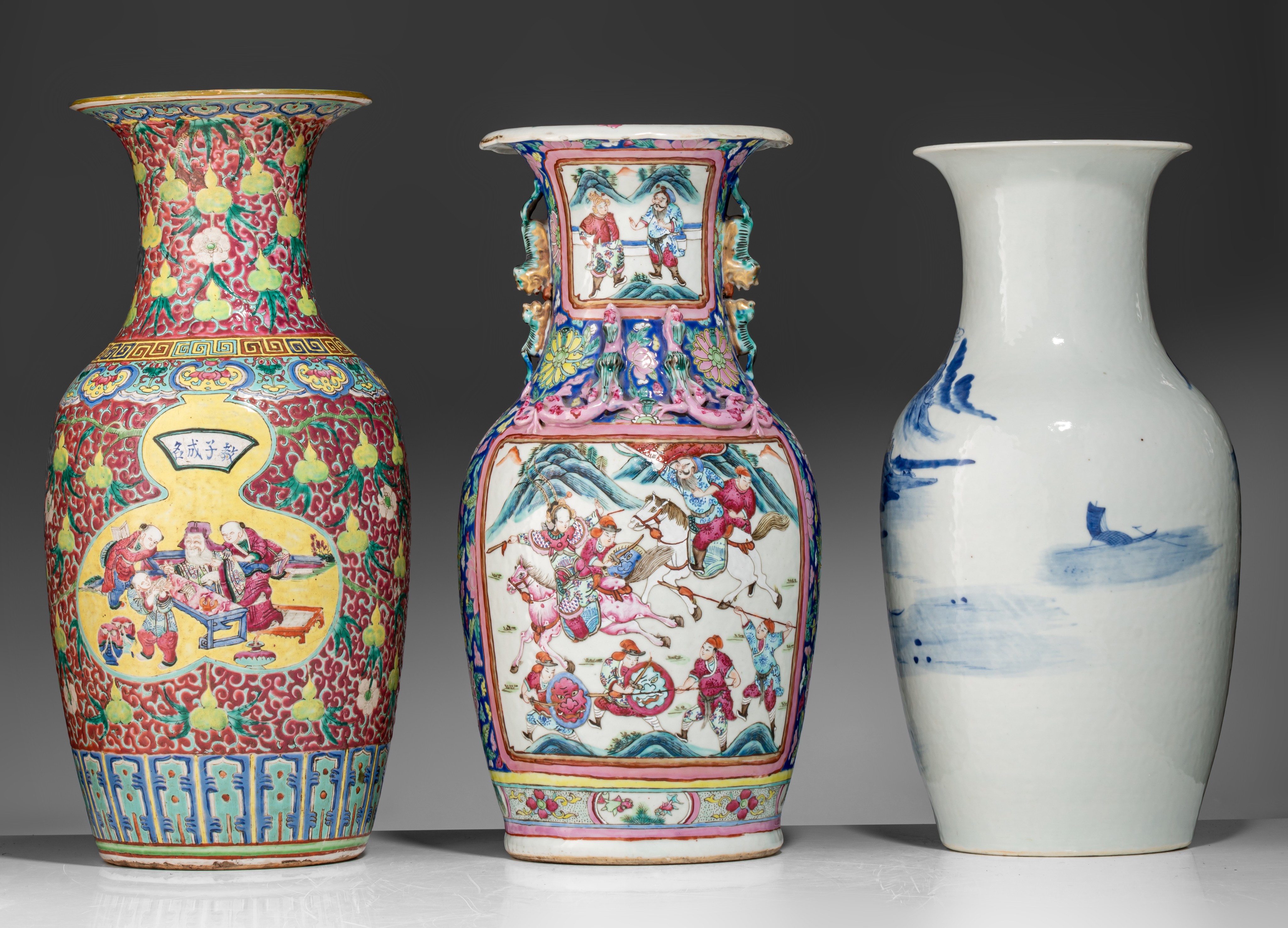 A Chinese blue and white vase and two famille rose vases, 19thC, tallest H 46 cm - Image 4 of 7