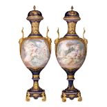An imposing pair of Sèvres vases, with gallant scenes and gilt bronze mounts, H 97 cm