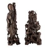 Two Japanese hardwood carvings of Shou Lou and an animated group, 20thC, H 51 - 63 cm