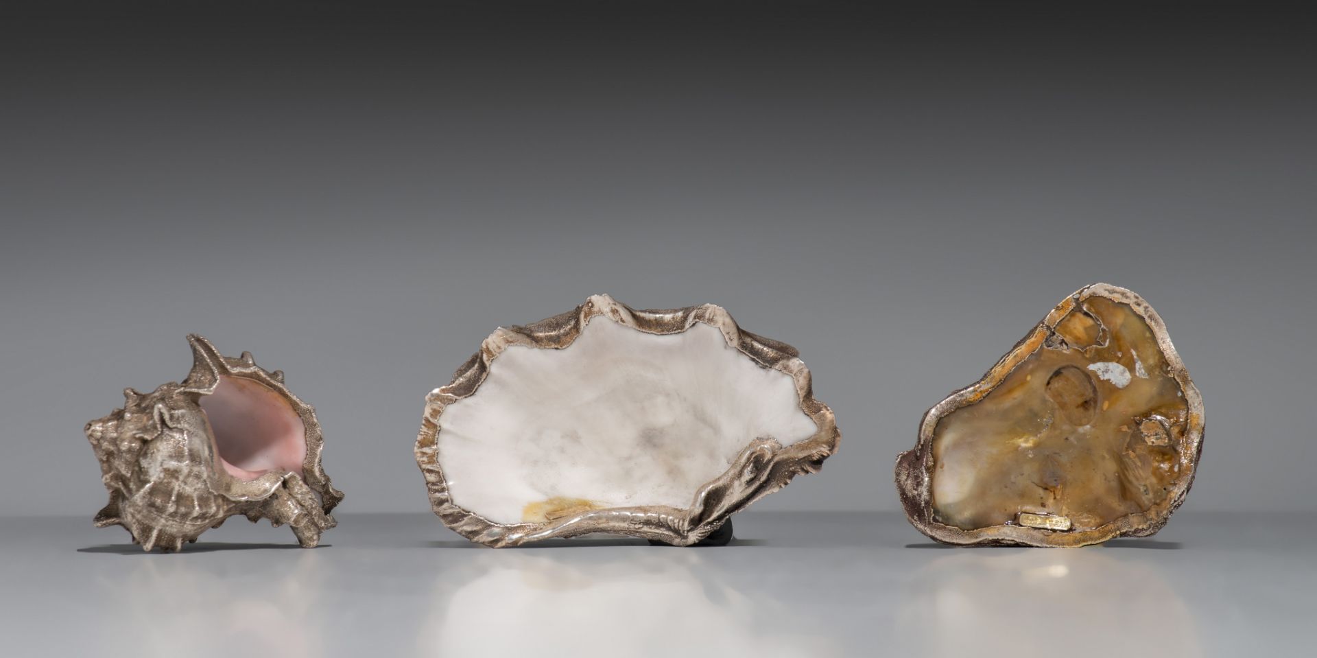 Three sterling silver coated shells by Frederico Buccellati, marked, L 7 - 11 cm - Image 2 of 5