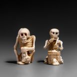 Two ivory okimono netsuke of skeletons, 9g - 14g (+)