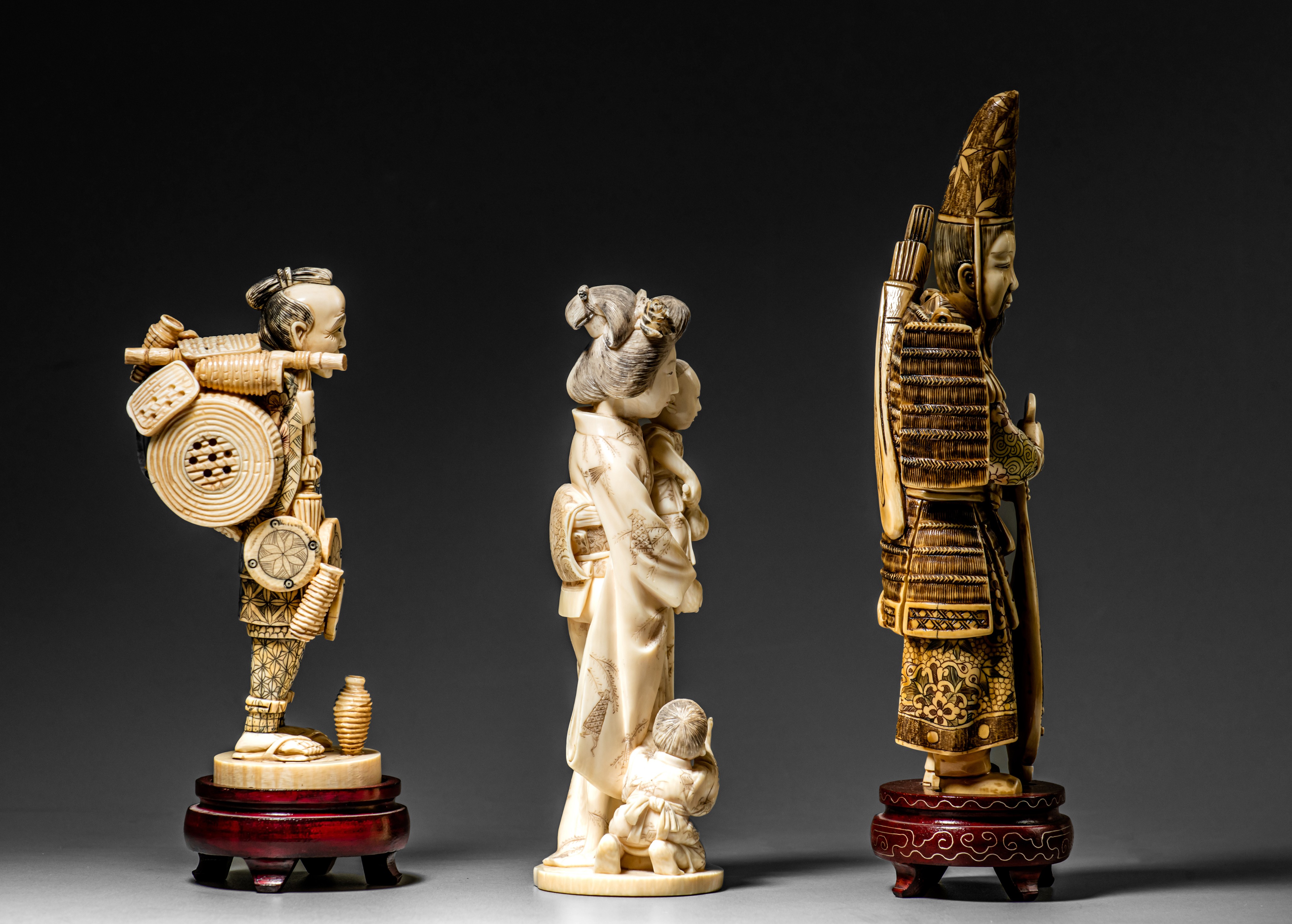 Three various Japanese carved ivory okimono (+) - Image 18 of 23