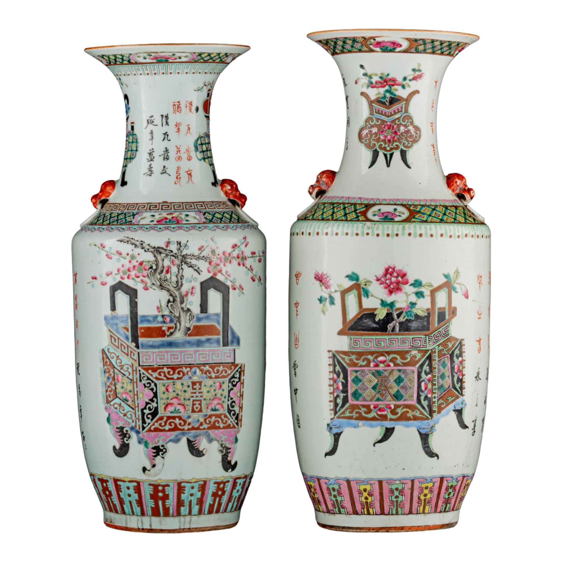 Two Chinese famille rose 'One Hundred Treasures' vases, paired with Fu lion head handles, 19thC, H 5