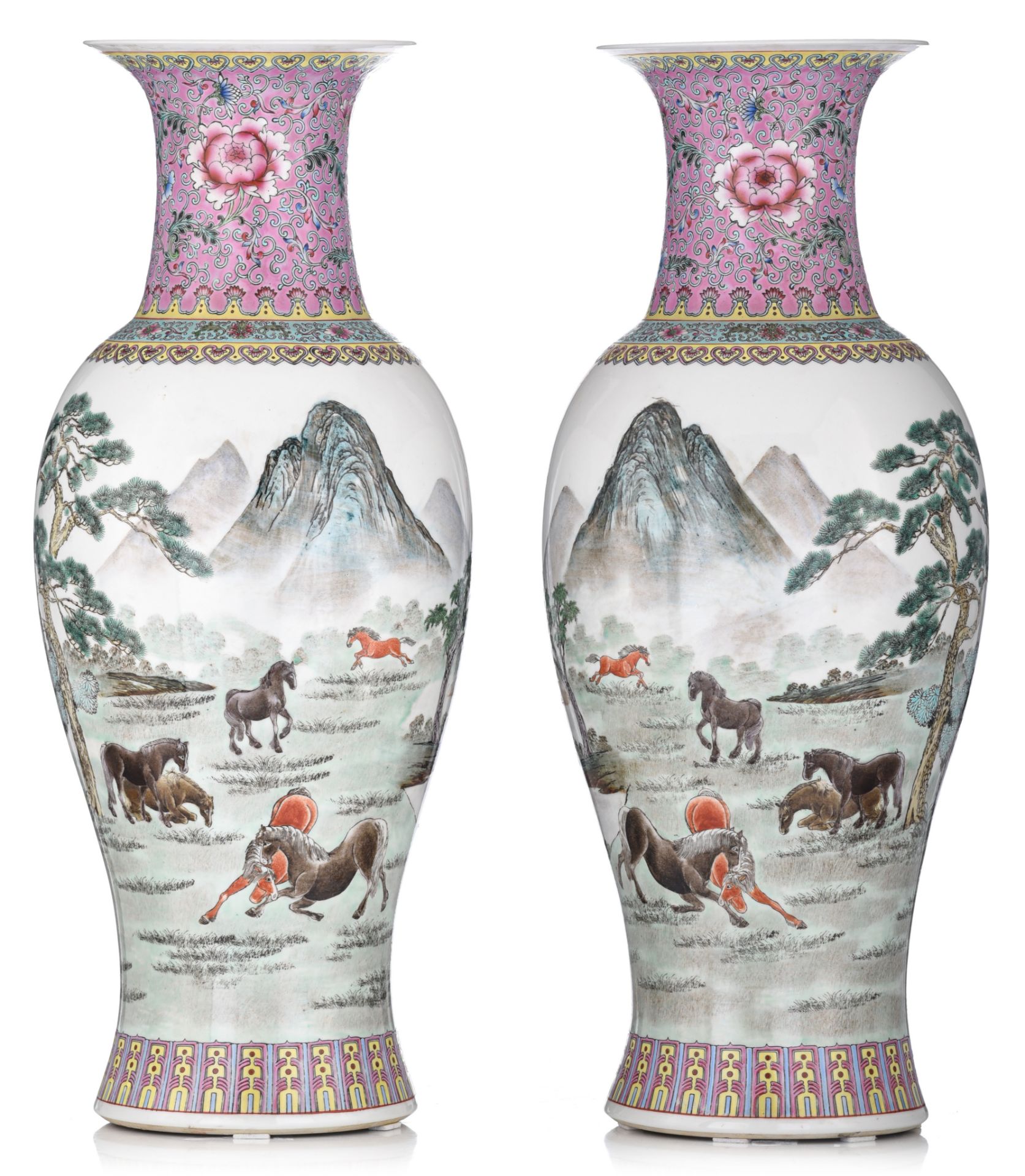 A pair of Chinese famille rose baluster vases, 20thC, H 61 cm