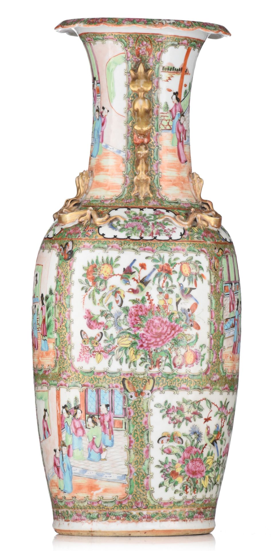 A Chinese Canton famille rose vase, paired with Fu-lion handles, 19thC, H 61,5 cm - Bild 4 aus 6