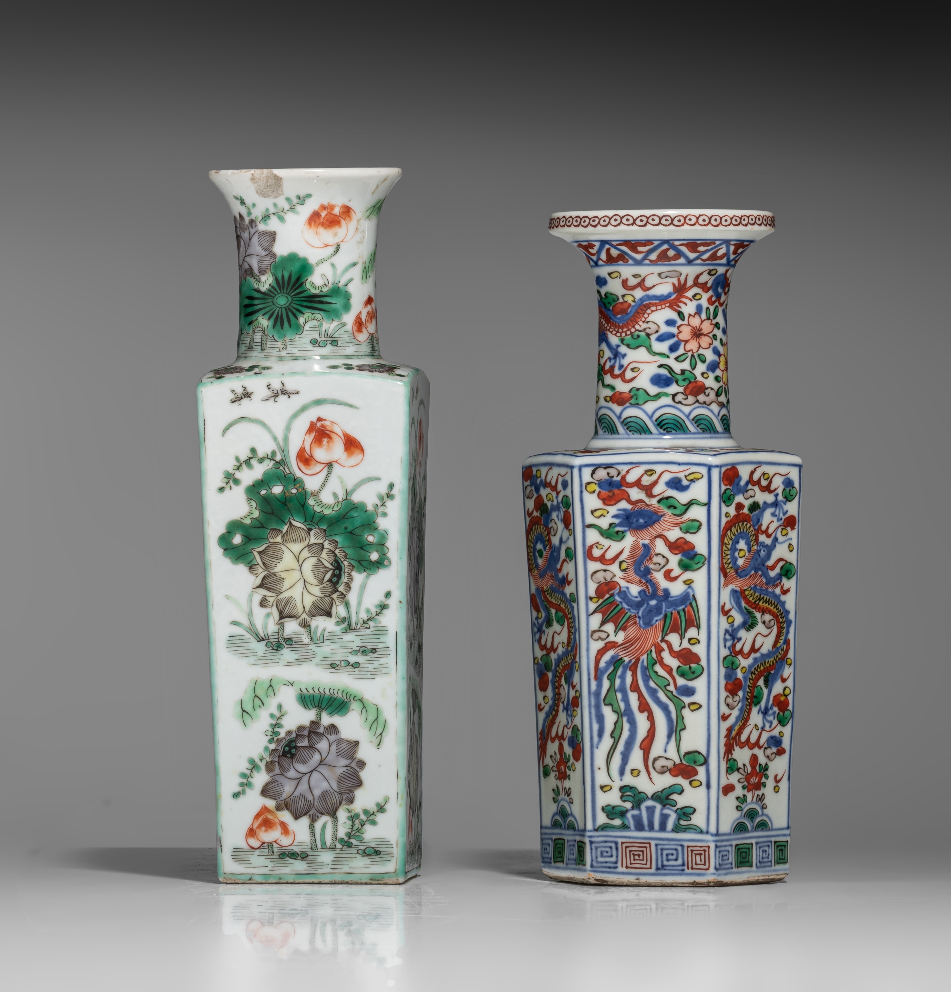 A Chinese famille verte fang hu vase, a wucai vase, blue and white small basin, all marked, 19thC an - Image 4 of 12