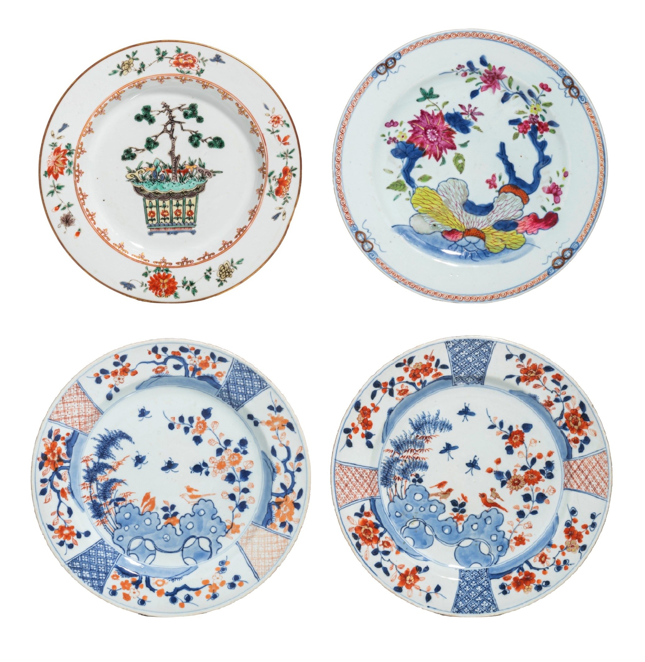 A collection of four Chinese Imari, famille verte and famille rose export porcelain dishes, Kangxi a