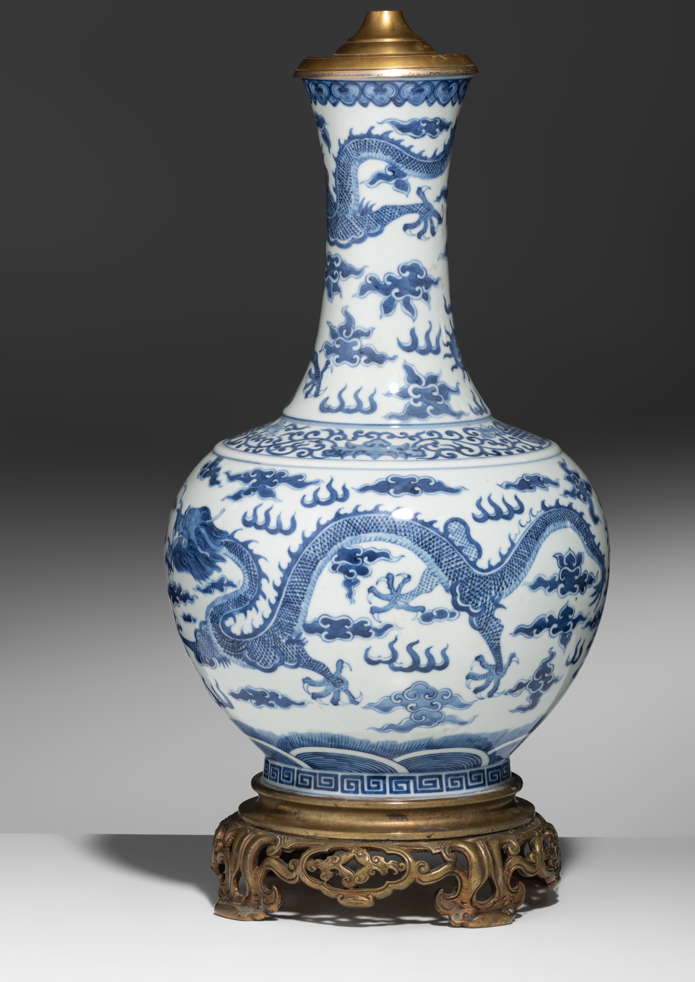 A Chinese blue and white 'Dragons' bottle vase and bronze mounts, with a Guangxu mark, Total H 50 cm - Image 5 of 8