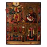 Russian icon with the crucifixion theme and four large New Testament scenes, 18thC, 44 x 53,5 cm