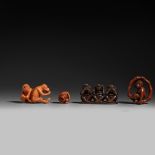 Three exotic hardwood netsuke and a ditto ojime, 20thC, W 2,2 cm - 3,9 cm - 4,6 cm - 6,1 cm