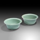 A pair of Chinese celadon-glazed jardinières, with a Qianlong mark, late Qing, H 10,5 - 11,5 - ø 27