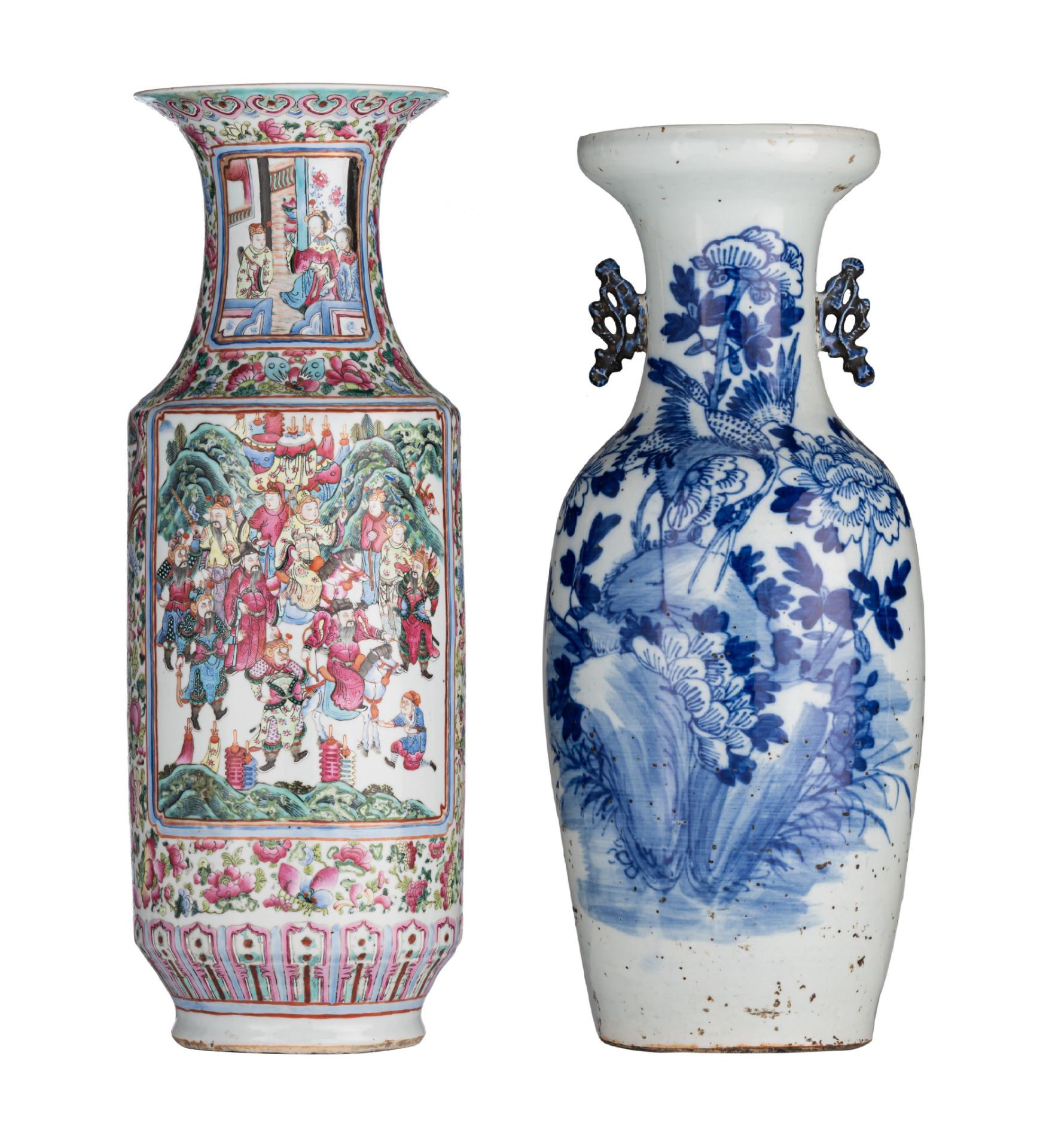 A Chinese famille rose 'Banquet' vase, and a blue and white vase, 19thC, H 59,5 - 65 cm