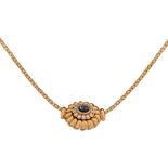 An 18ct gold necklace, the central pendant/brooch set with a sapphire and diamonds, 16,4 g