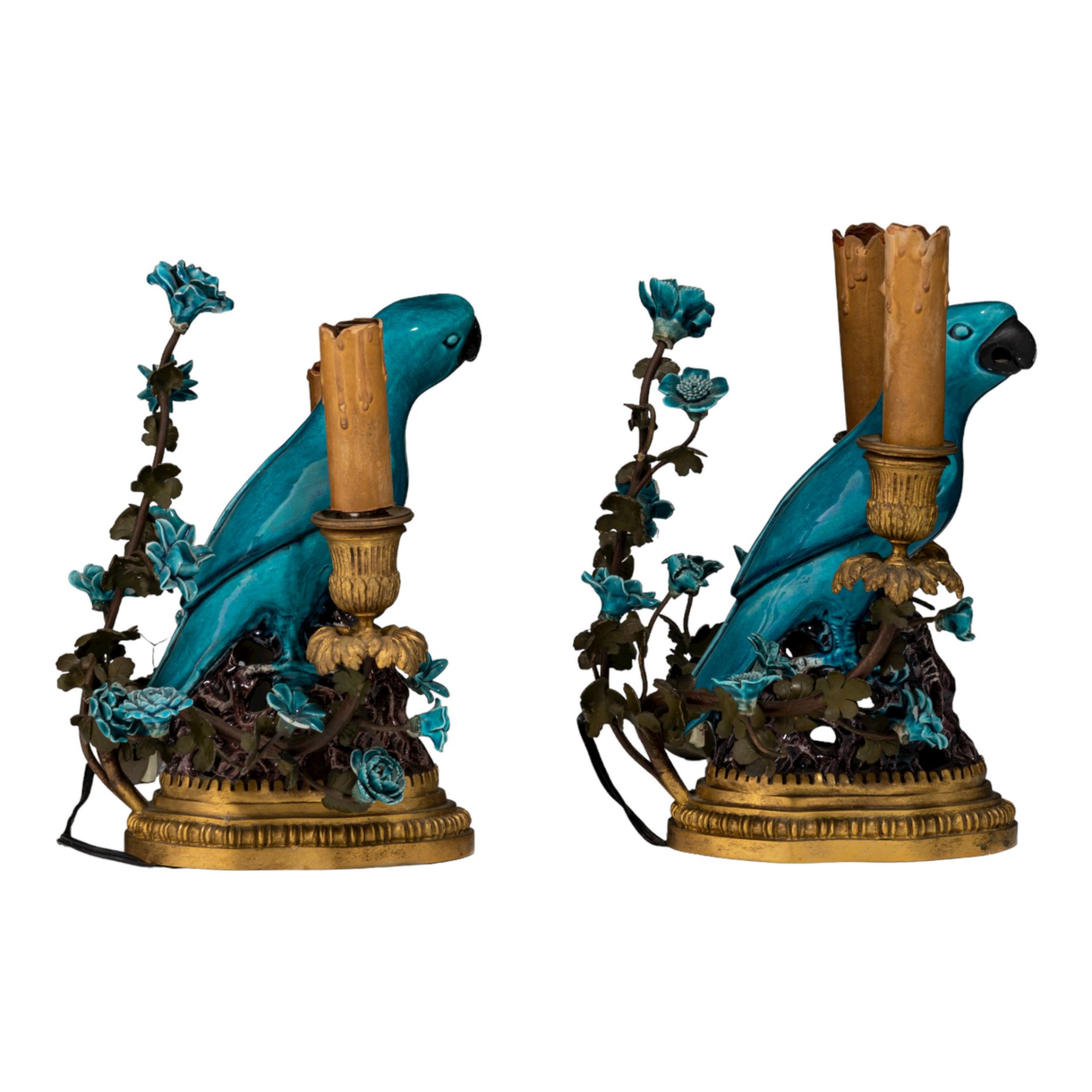 A pair of table lamps, brass-mounted porcelain parrots, marked Samson, late 19thC, H 26 - 28 cm - Image 5 of 12