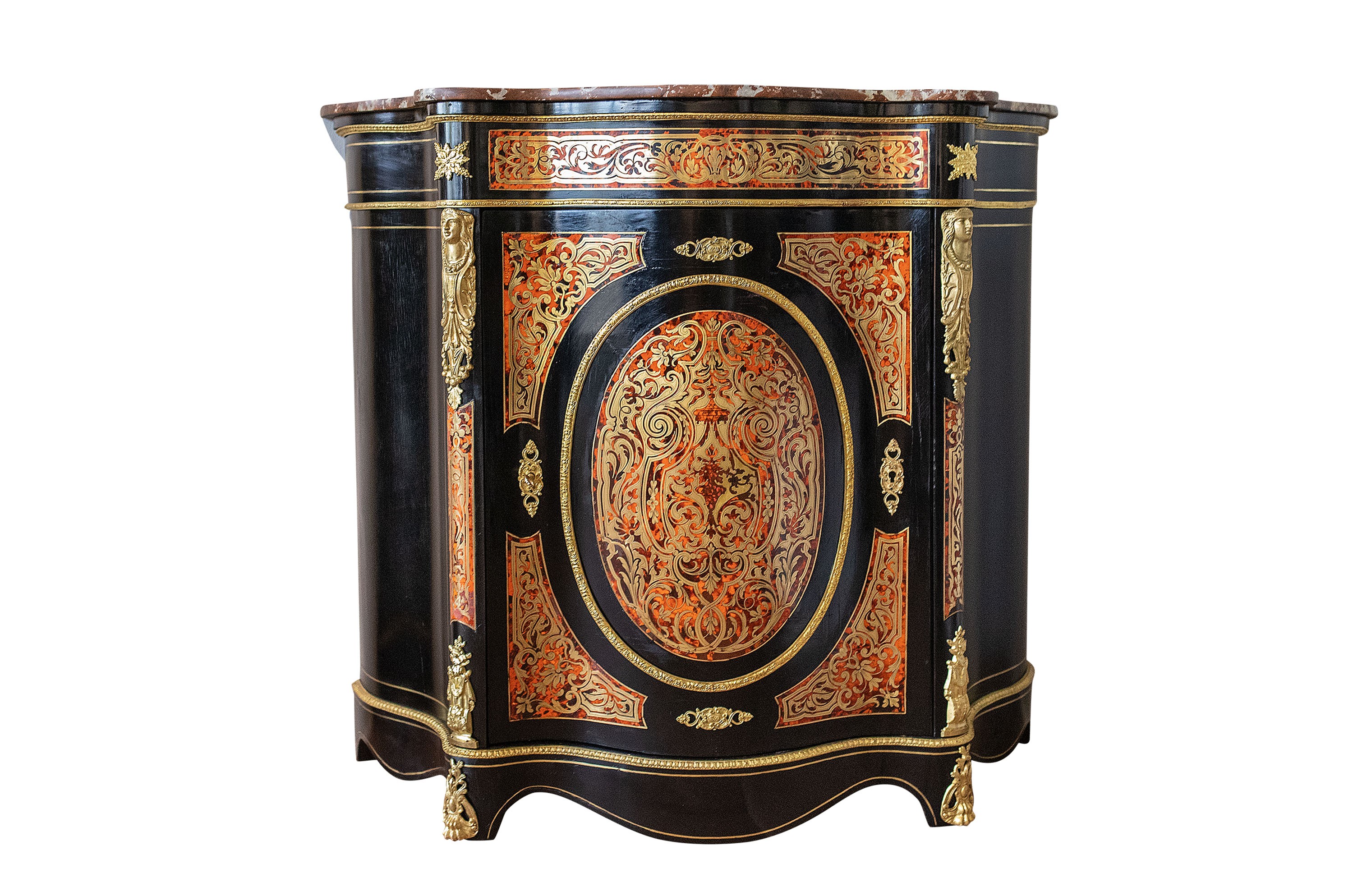 A Napoleon III Boulle cabinet with Rouge Royal marble top and gilt bronze mounts, H 102 - W 112 - D