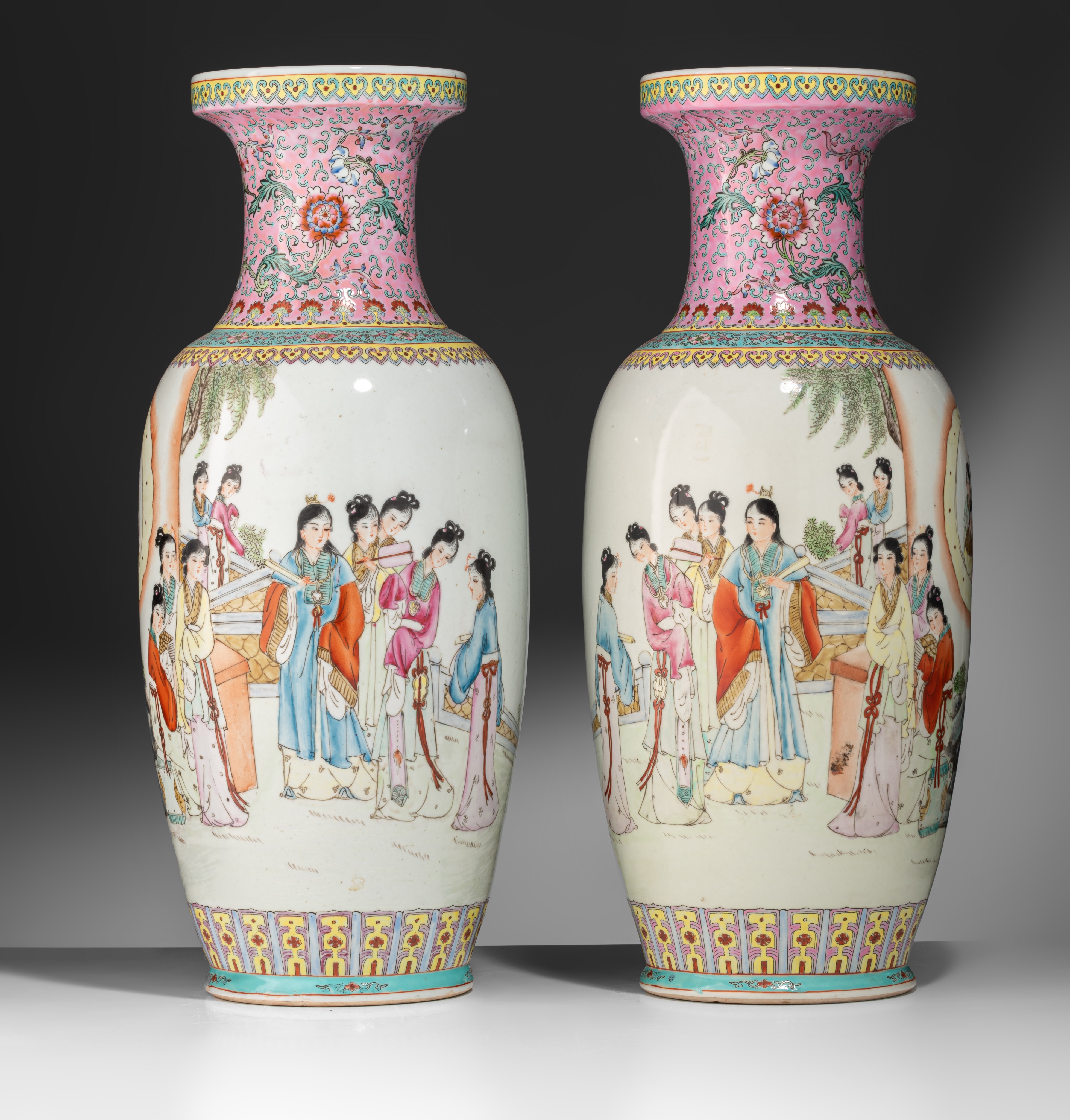 A pair of Chinese famille rose vases, 20thC, H 61 cm - Image 2 of 7