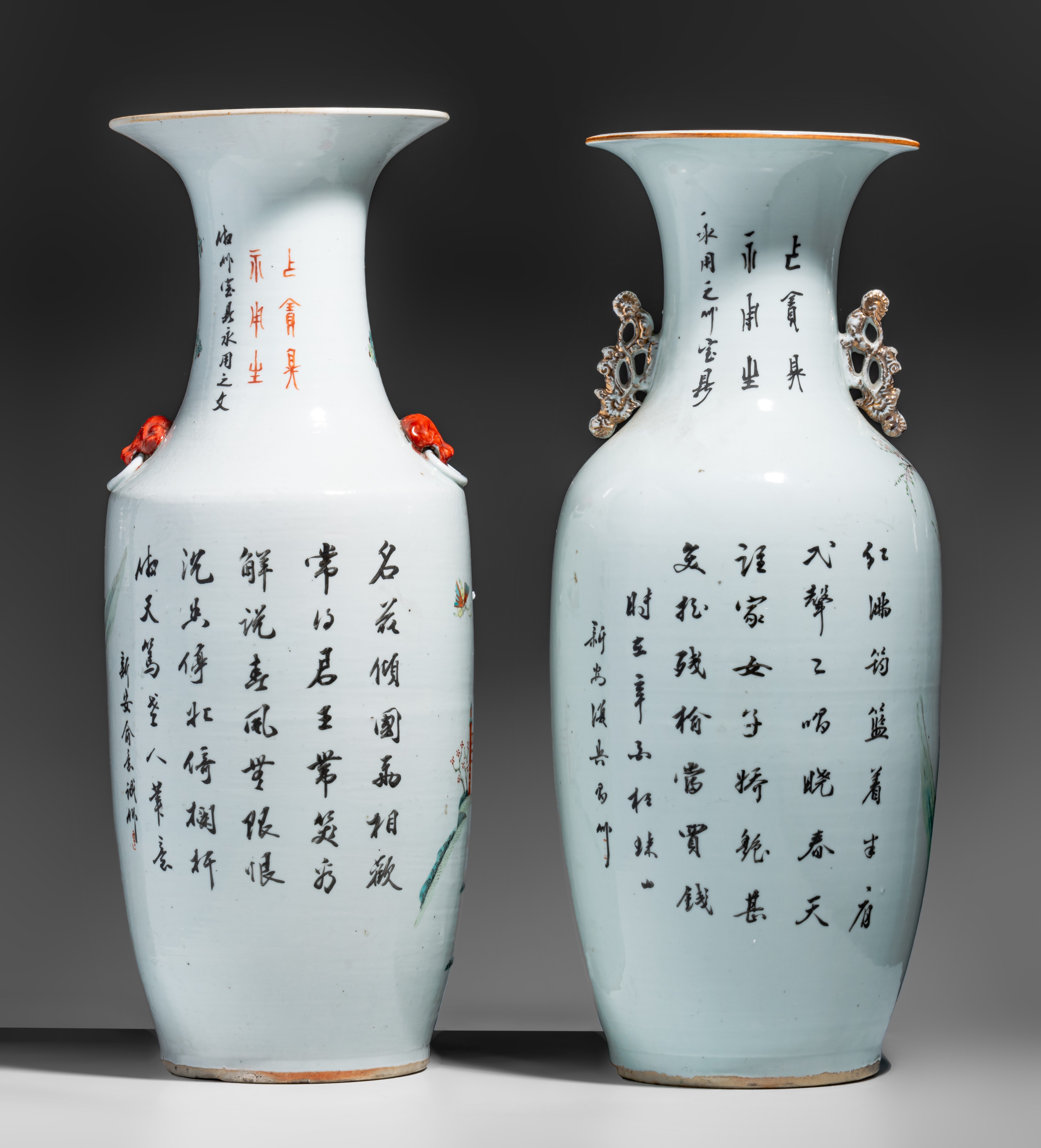 Two Chinese famille rose vases, with a signed text, Republic period, H 58,5 - 60 cm - Image 4 of 7