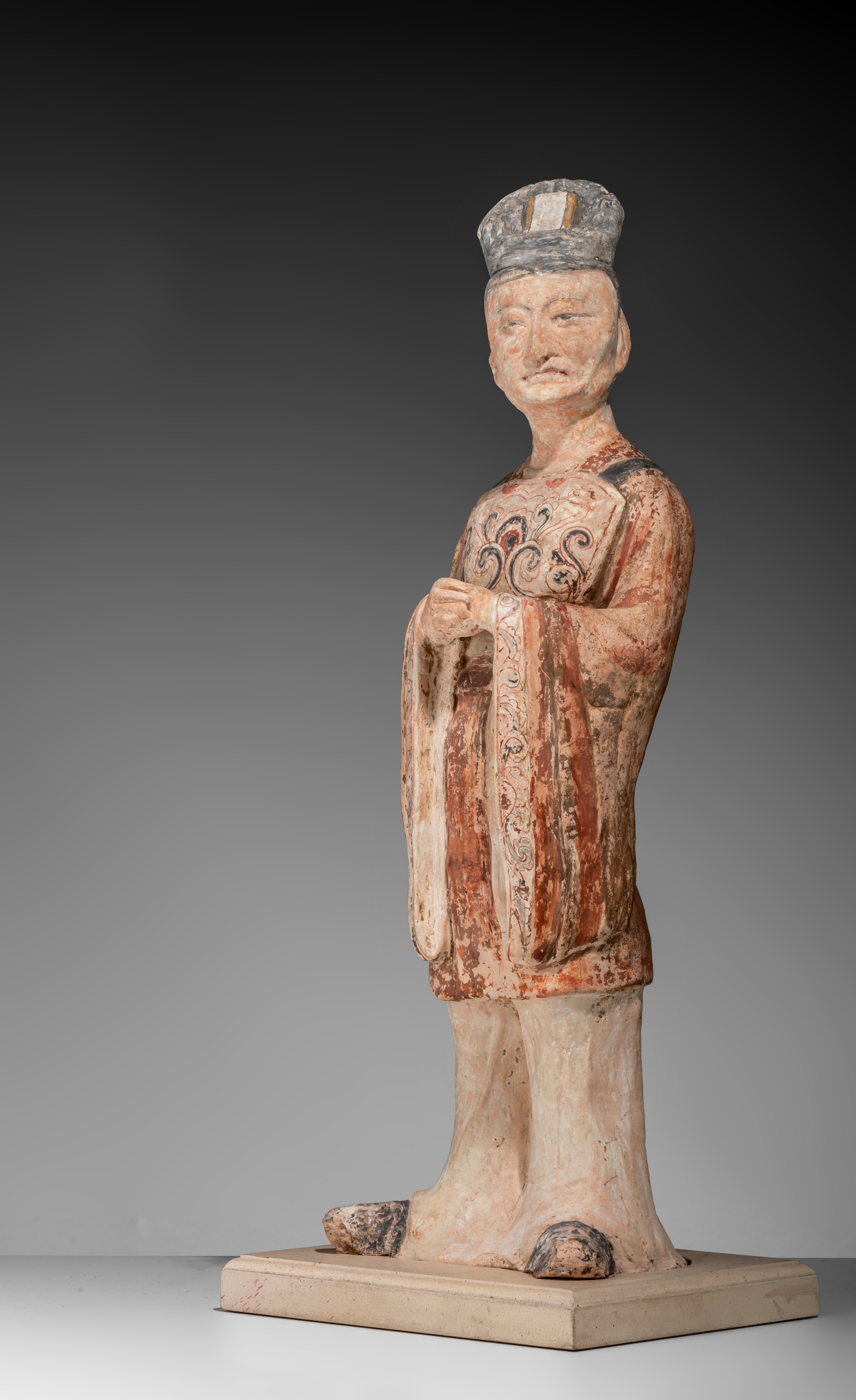 A series of two large Chinese painted pottery figures of officials, Tang dynasty, Total H 64,5 cm - Image 13 of 17