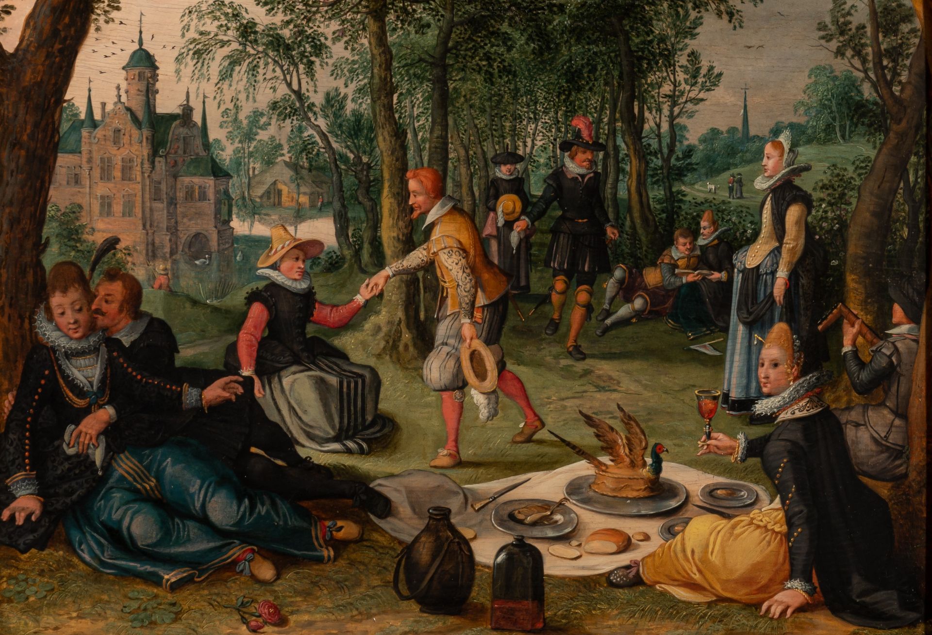 Sebastiaan Vrancx (studio of), Courtly company at the picnic in the park, 17thC, oil on wood, 26 x 3