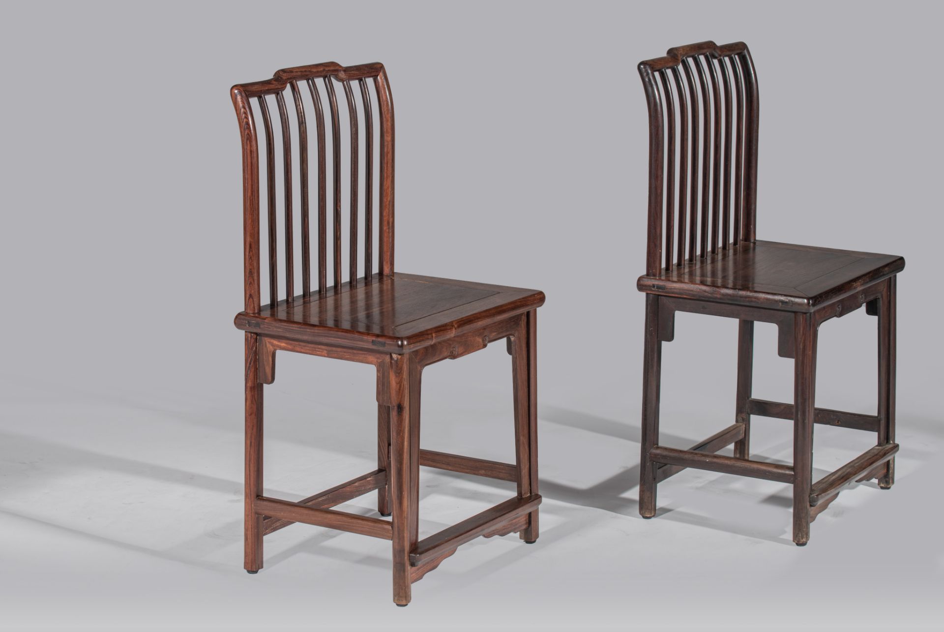 A pair of Chinese hardwood spindle back chairs, Republic period, H 92 - W 52,5 - D 40 cm - Image 2 of 8