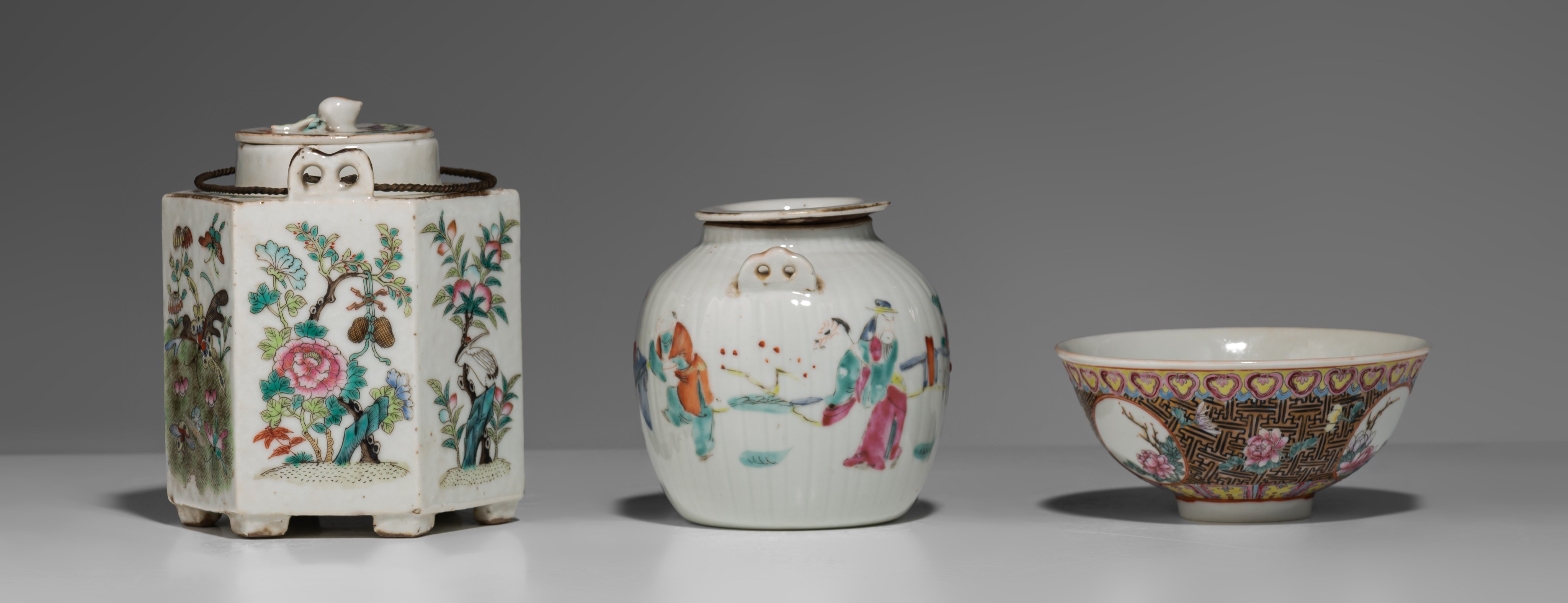 A collection of nine Chinese famille rose ware, two blue and white, and a Canton bowl and cover, (in - Image 13 of 35