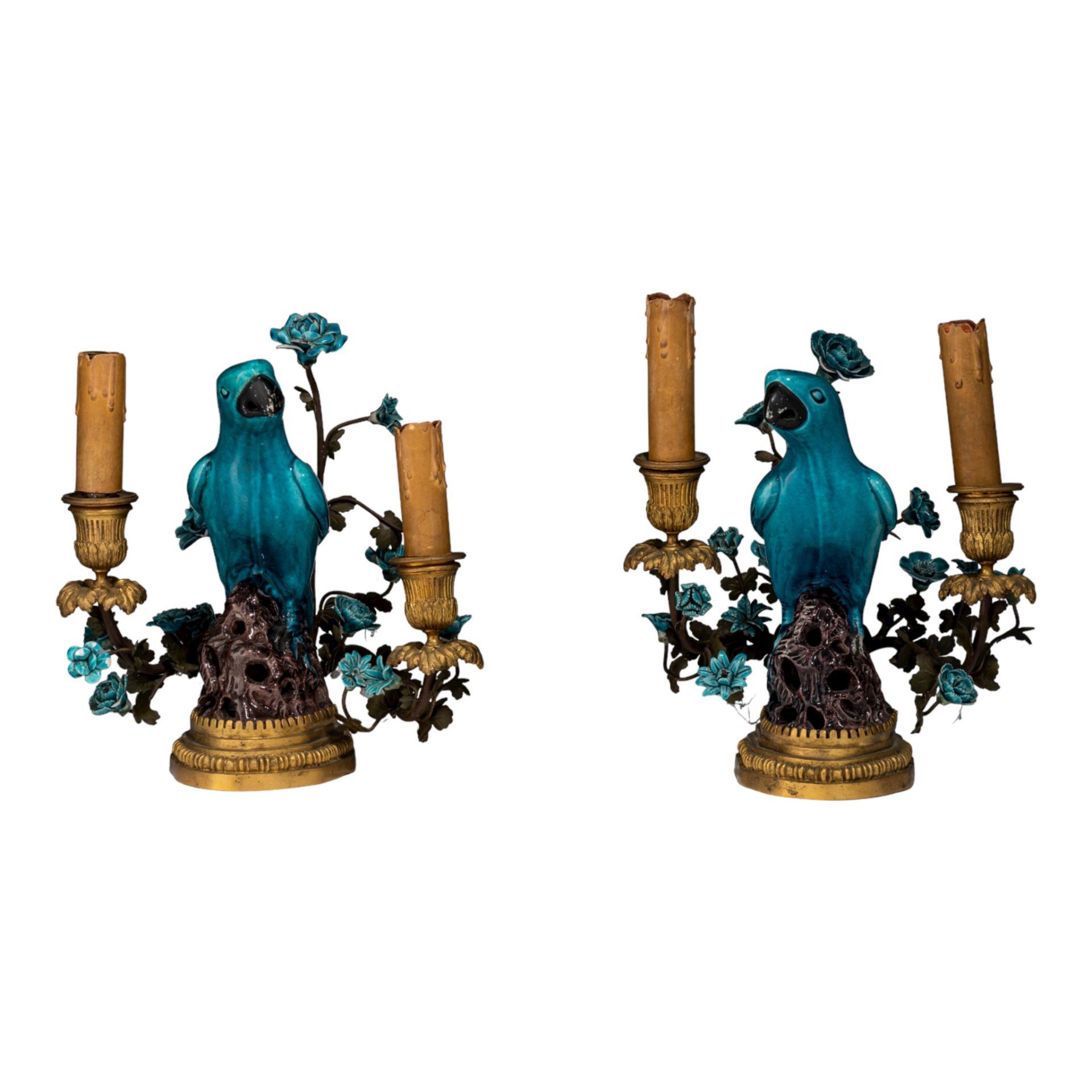 A pair of table lamps, brass-mounted porcelain parrots, marked Samson, late 19thC, H 26 - 28 cm - Image 2 of 12