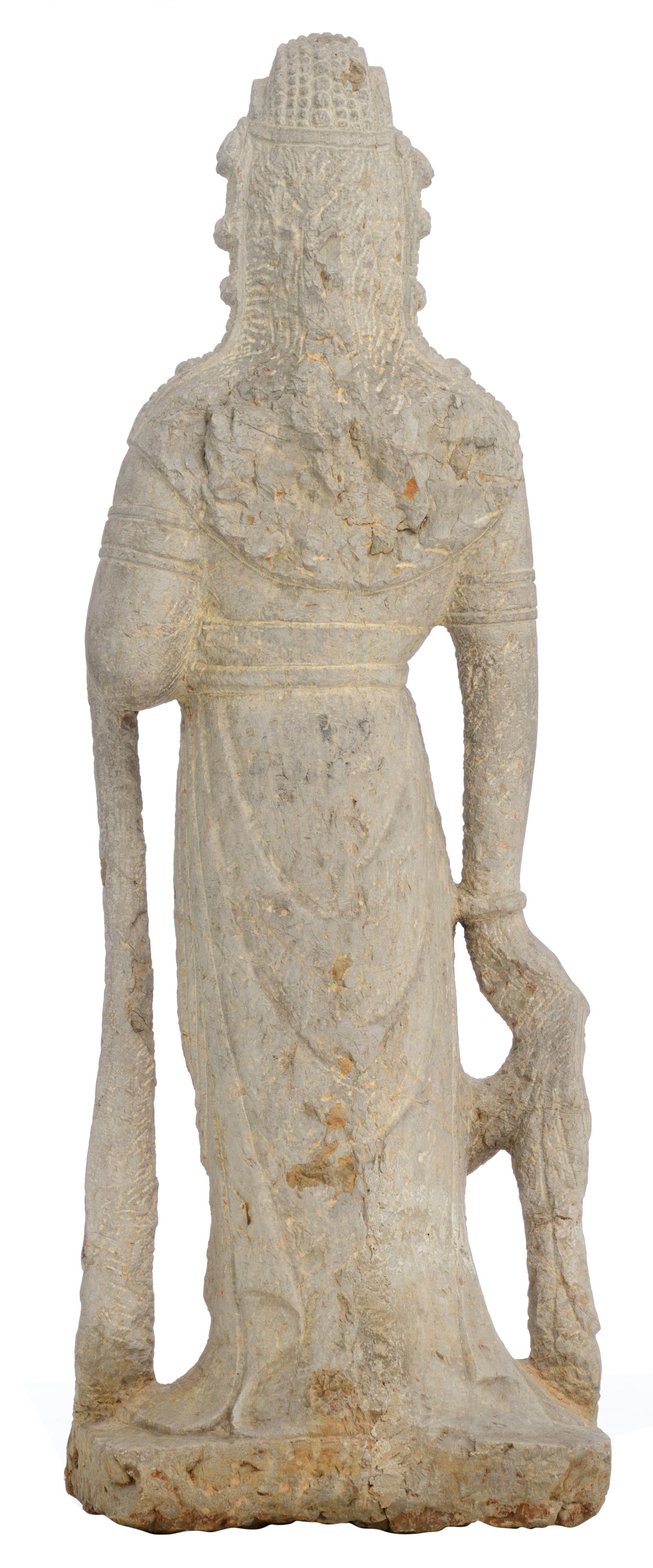 A Chinese grey limestone standing Bodhisattva, H 68 - W 24 cm - Image 3 of 18