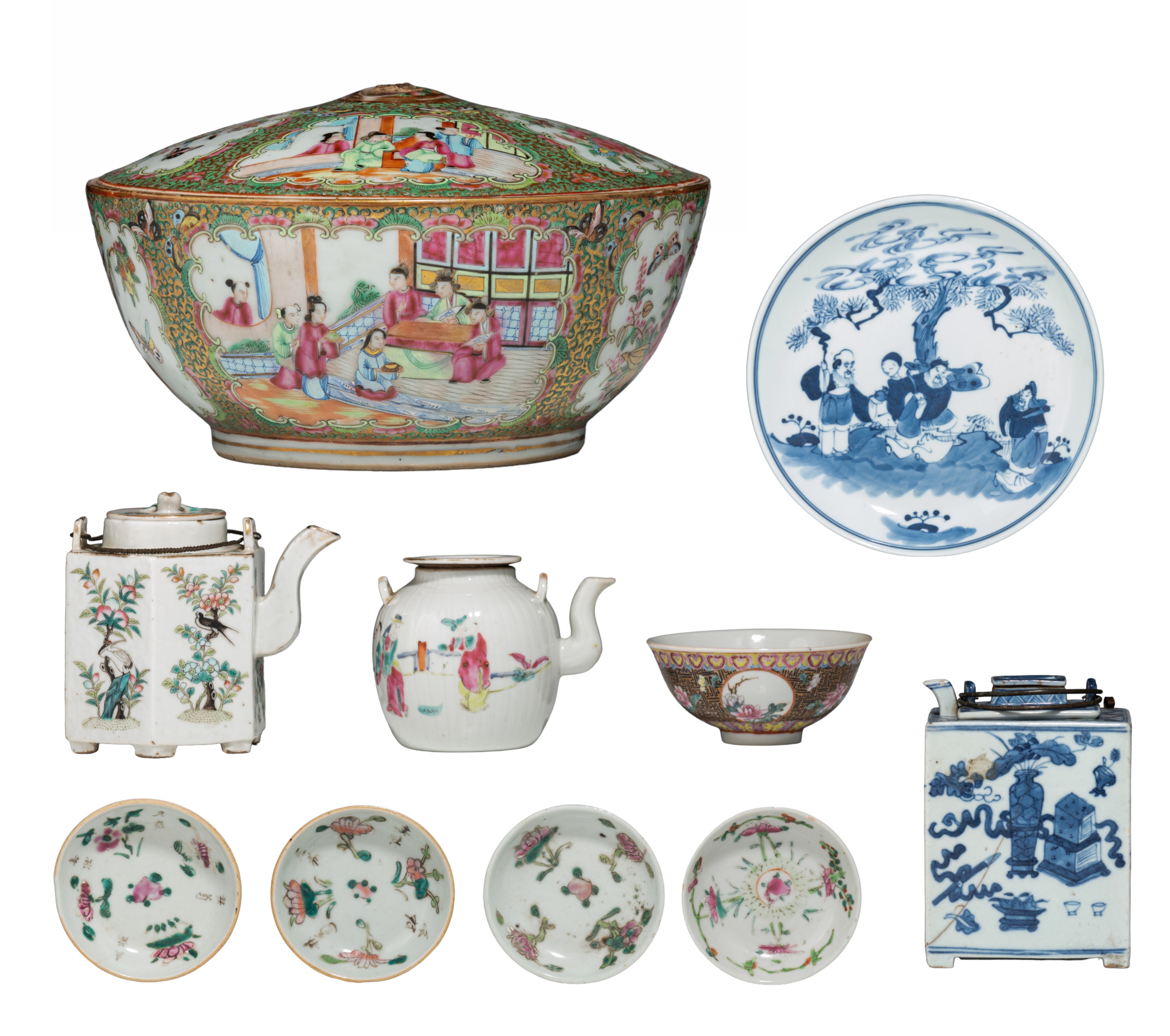 A collection of nine Chinese famille rose ware, two blue and white, and a Canton bowl and cover, (in