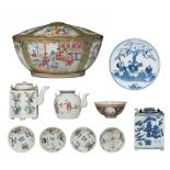 A collection of nine Chinese famille rose ware, two blue and white, and a Canton bowl and cover, (in