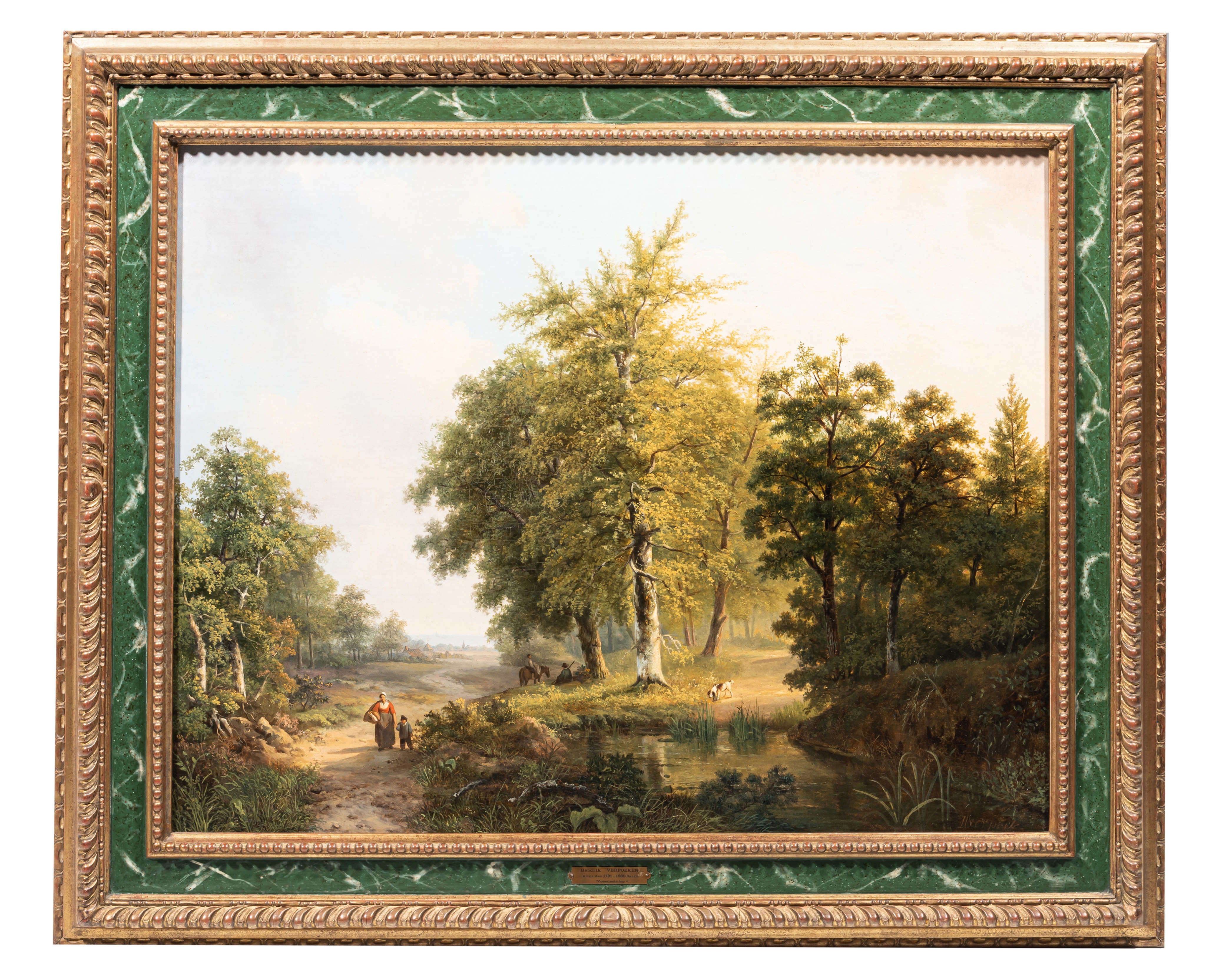 Hendrik Verpoeken (1791-1869), wooded landscape with figures near a pond, oil on canvas, 66 x 83 cm - Image 2 of 7