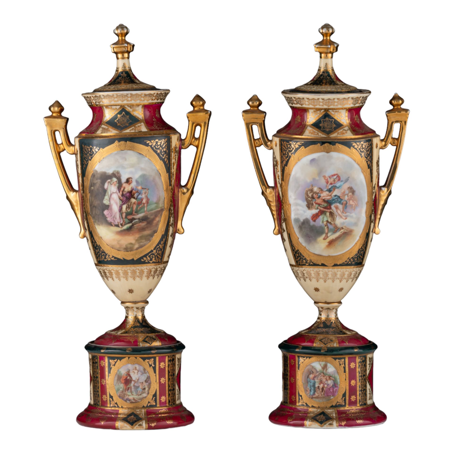 A fine pair of Vienna porcelain oblong vases with mythological scenes, marked, H 42,5 cm